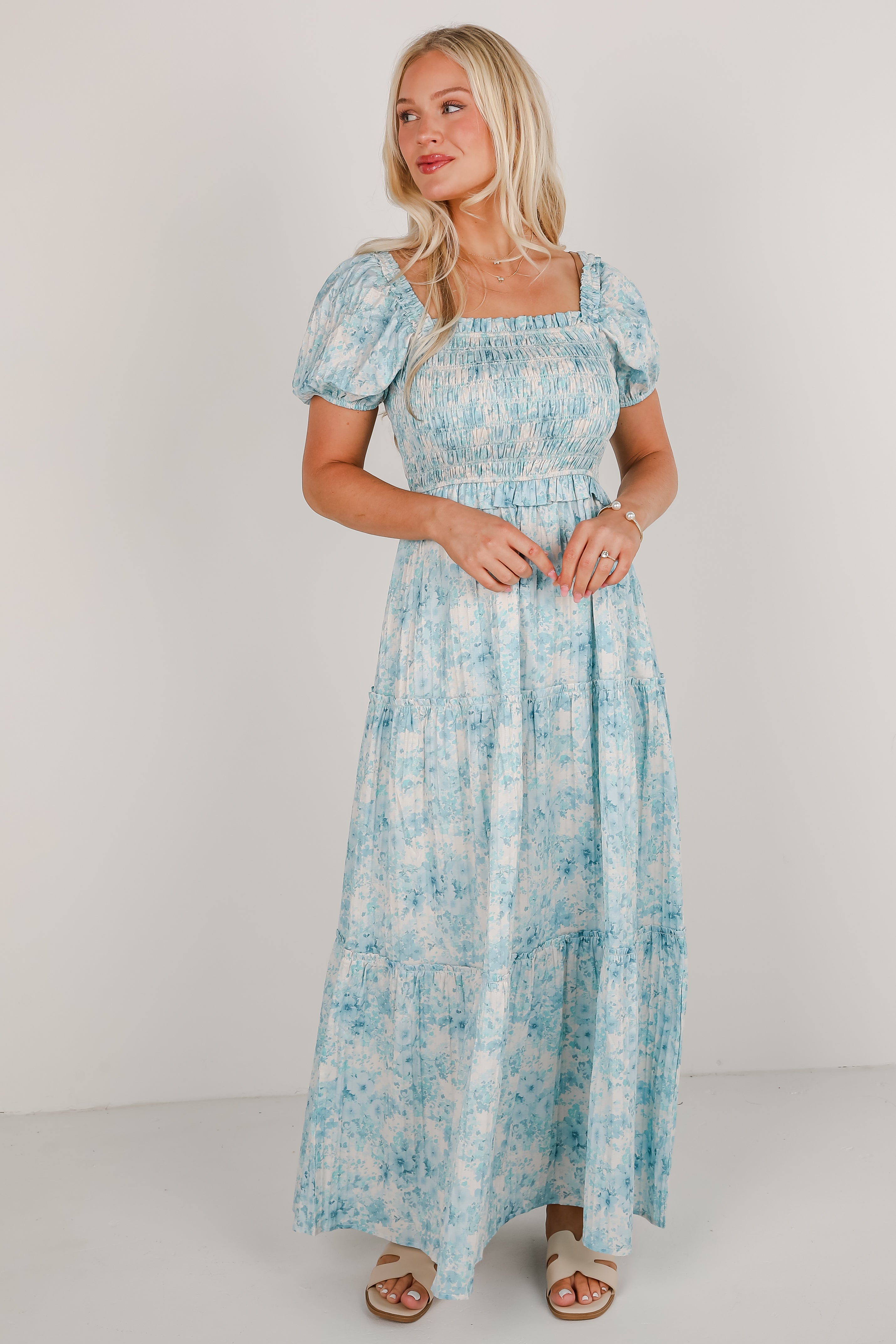 Willing To Help Blue Floral Smocked Maxi Dress
