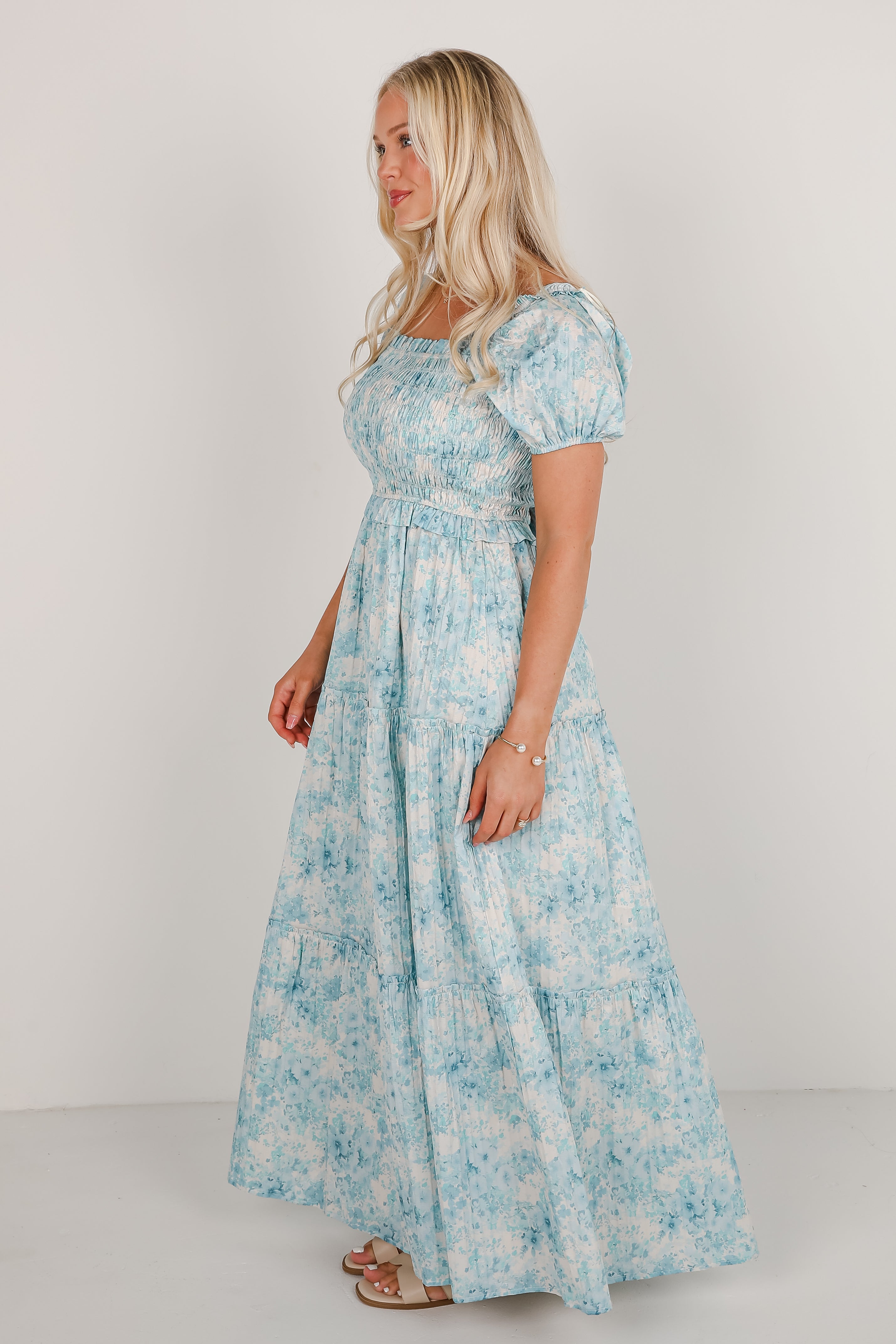 Willing To Help Blue Floral Smocked Maxi Dress