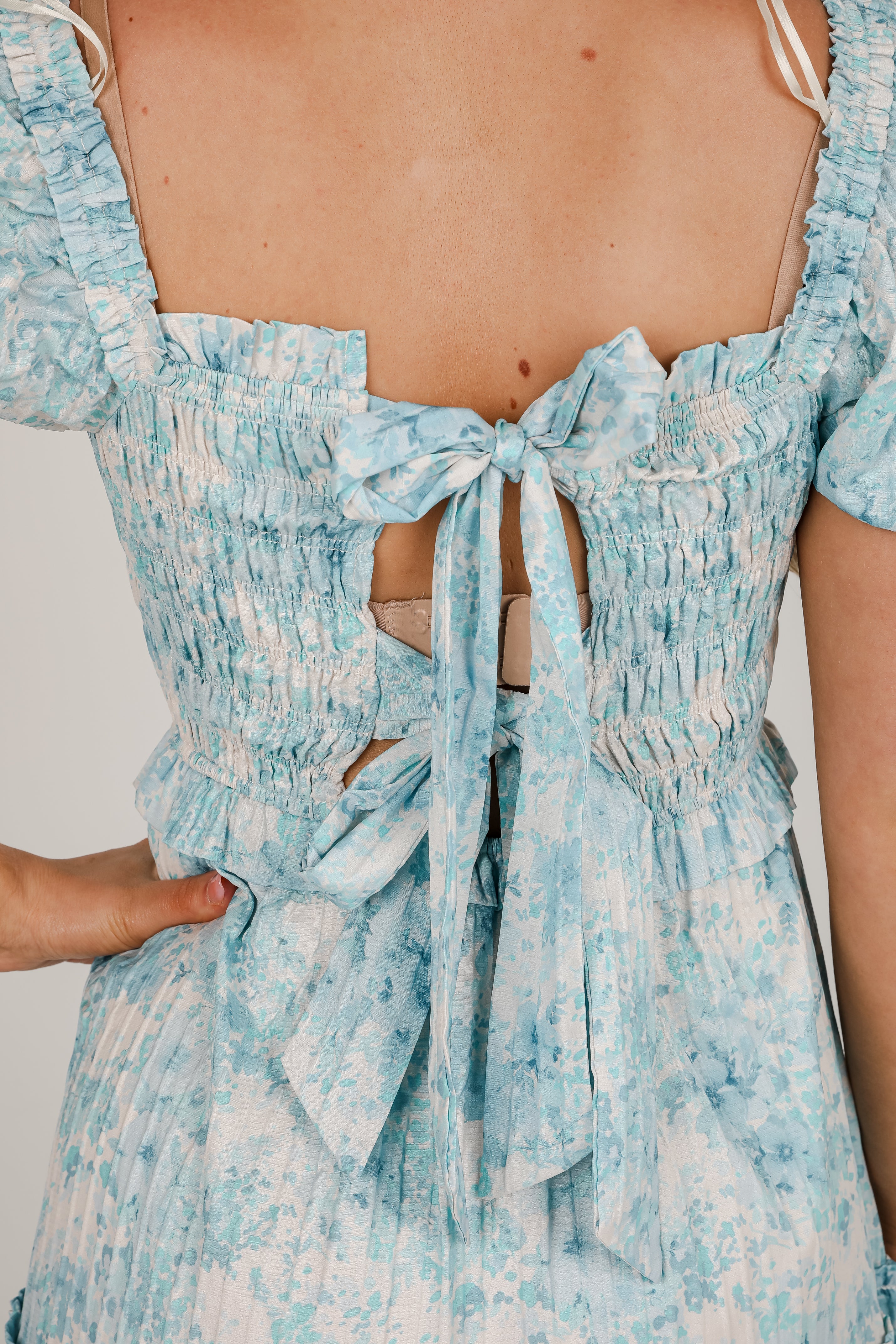 Willing To Help Blue Floral Smocked Maxi Dress