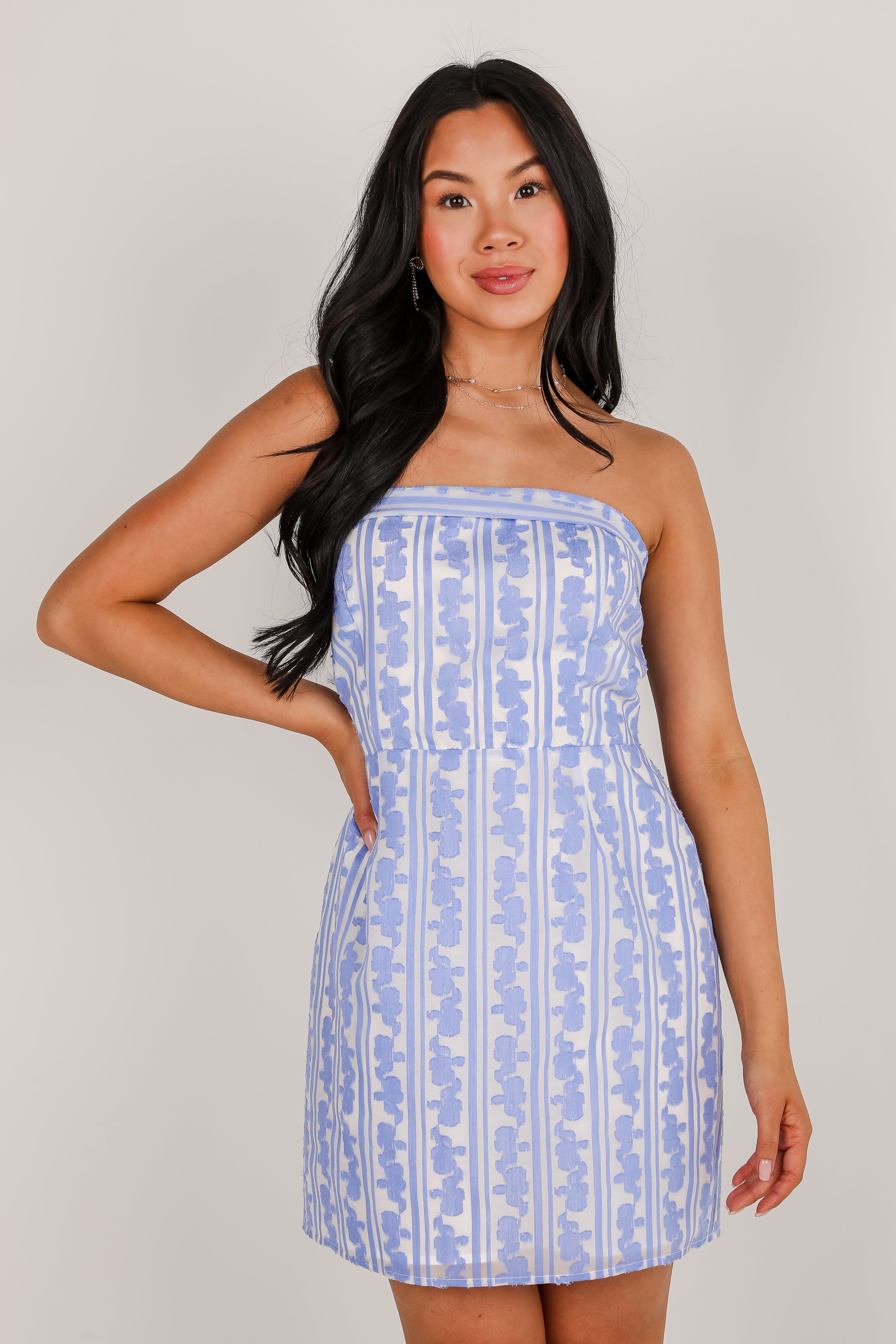 Wait For Daylight Blue Floral Strapless Mini Dress