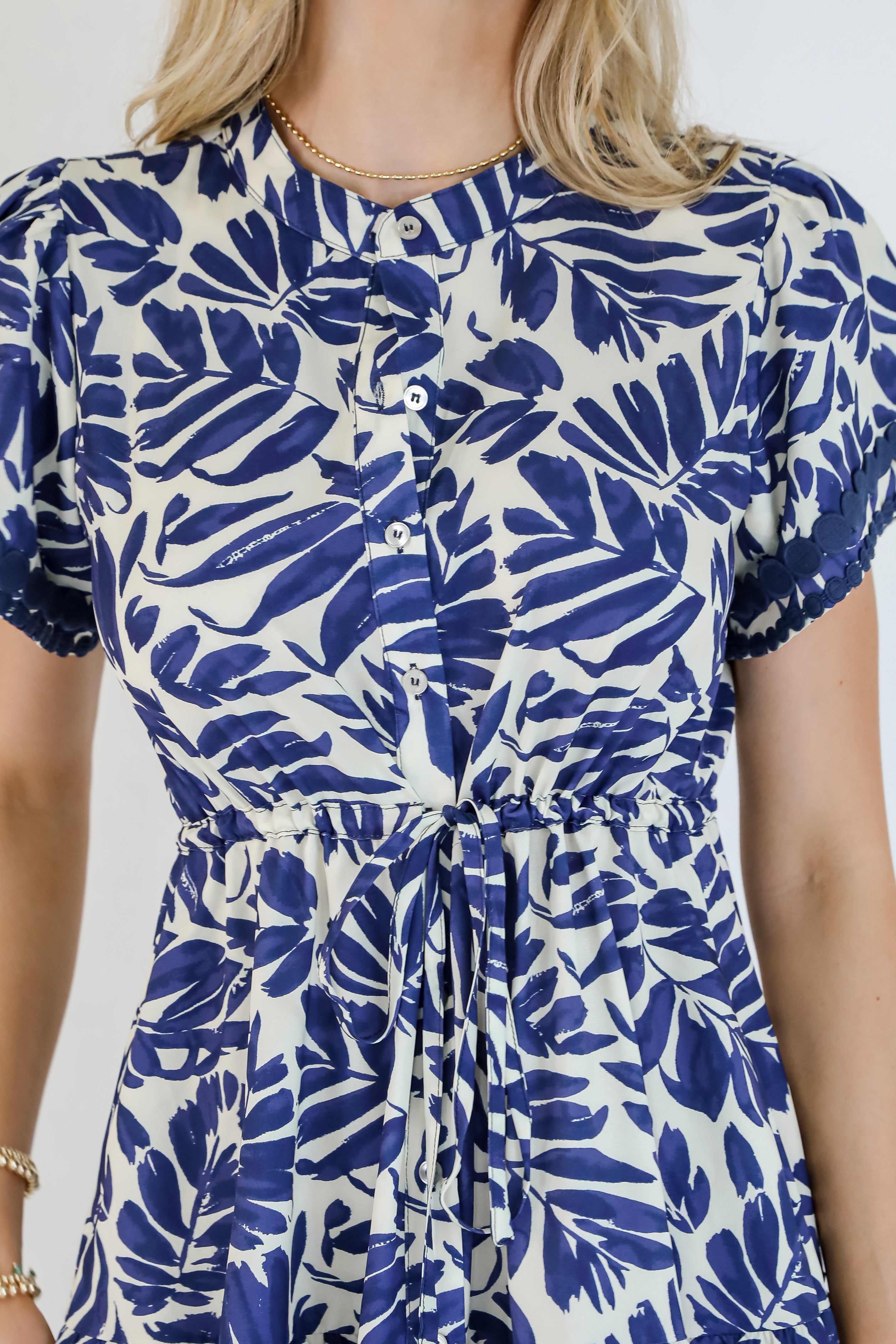 Upon Arrival Blue Leaf Print Tiered Midi Dress
