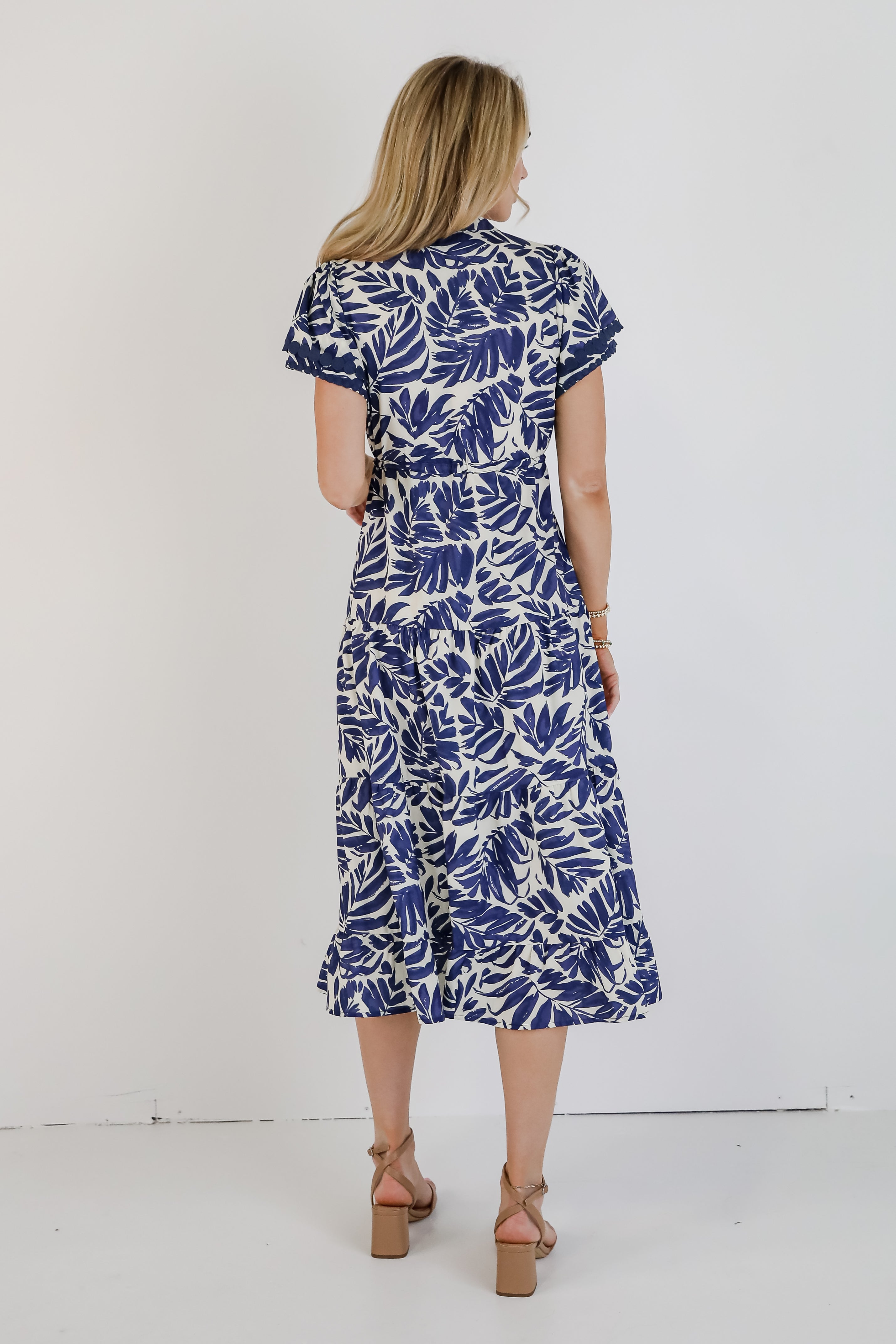 Upon Arrival Blue Leaf Print Tiered Midi Dress