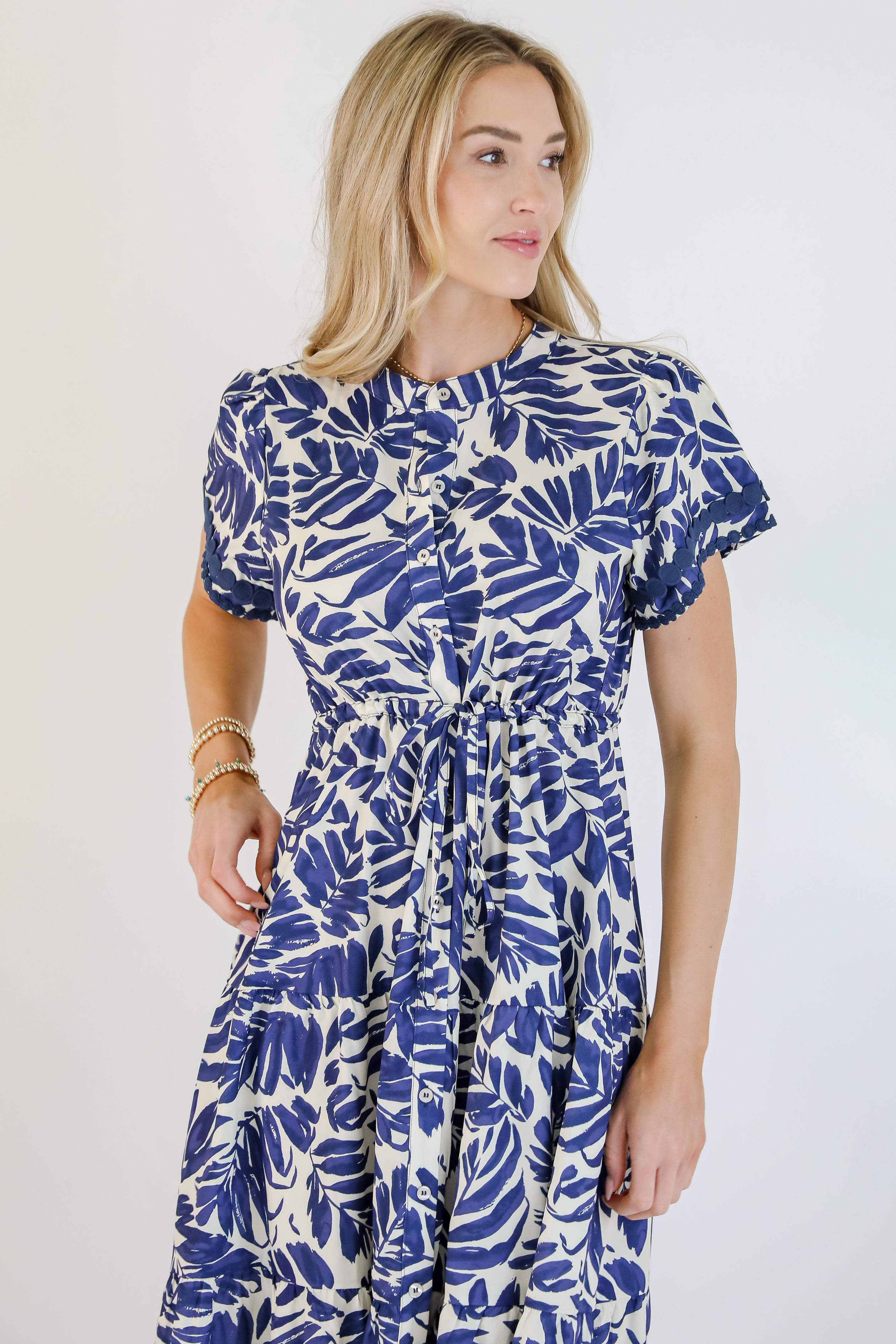 Upon Arrival Blue Leaf Print Tiered Midi Dress