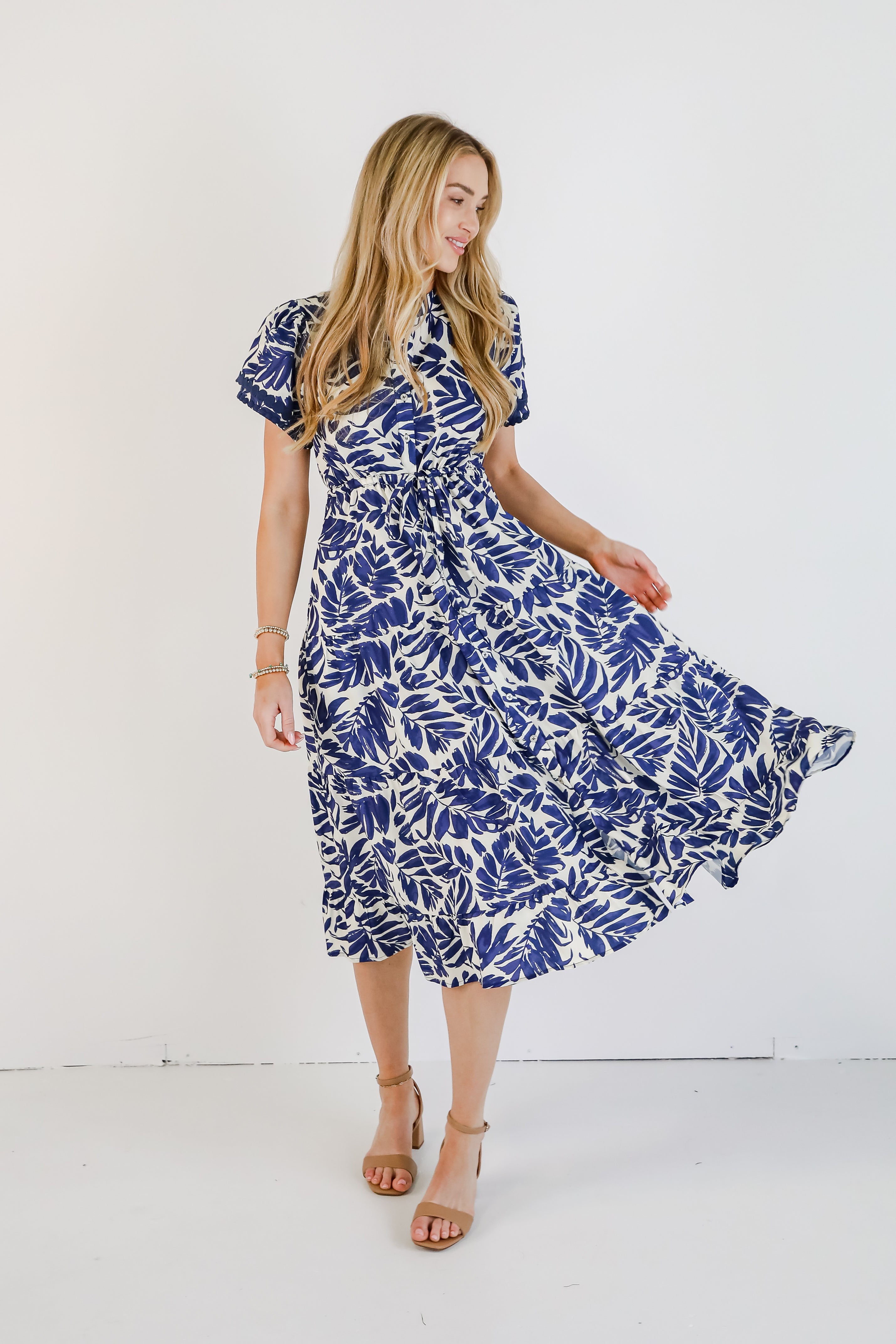 Upon Arrival Blue Leaf Print Tiered Midi Dress