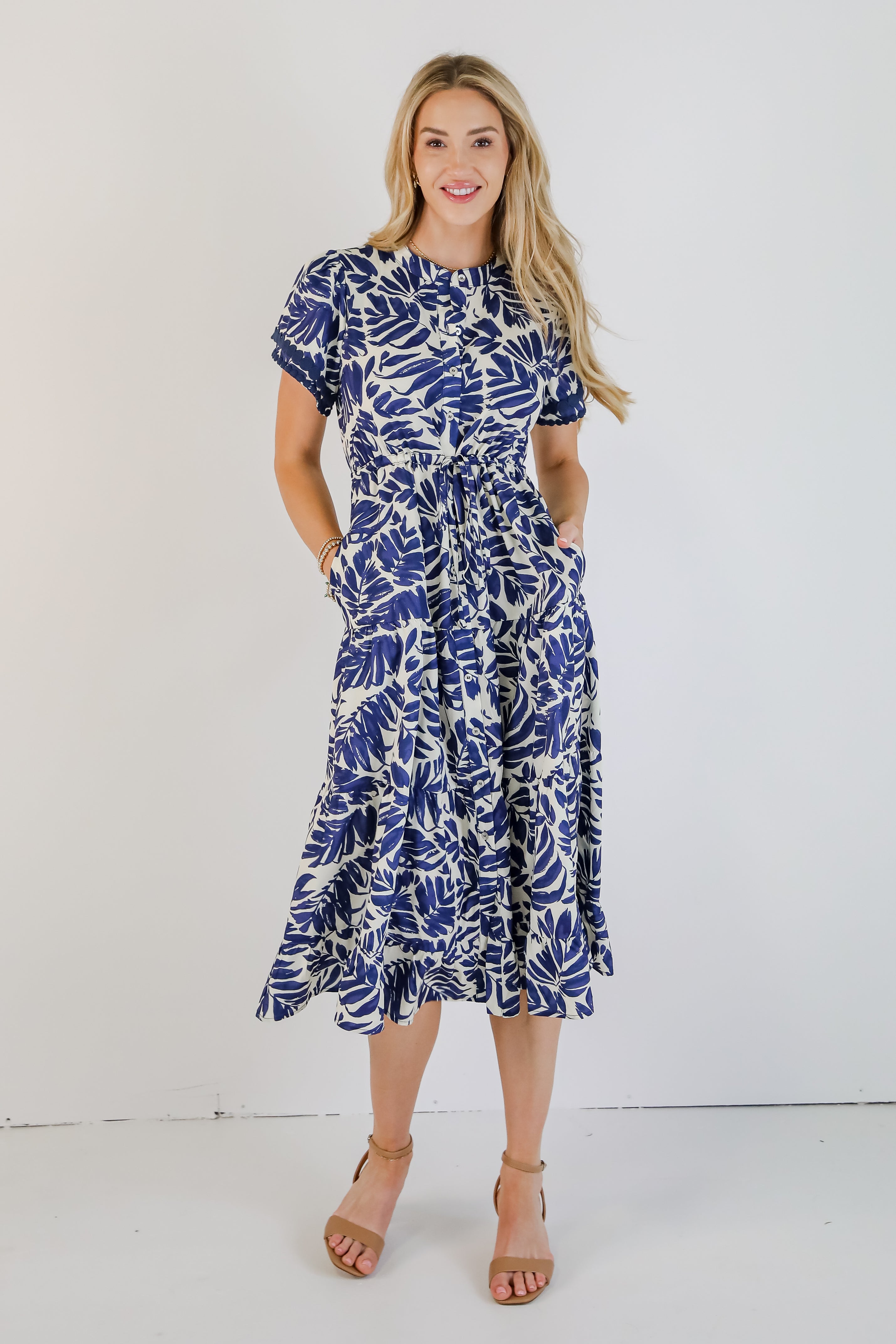 Upon Arrival Blue Leaf Print Tiered Midi Dress