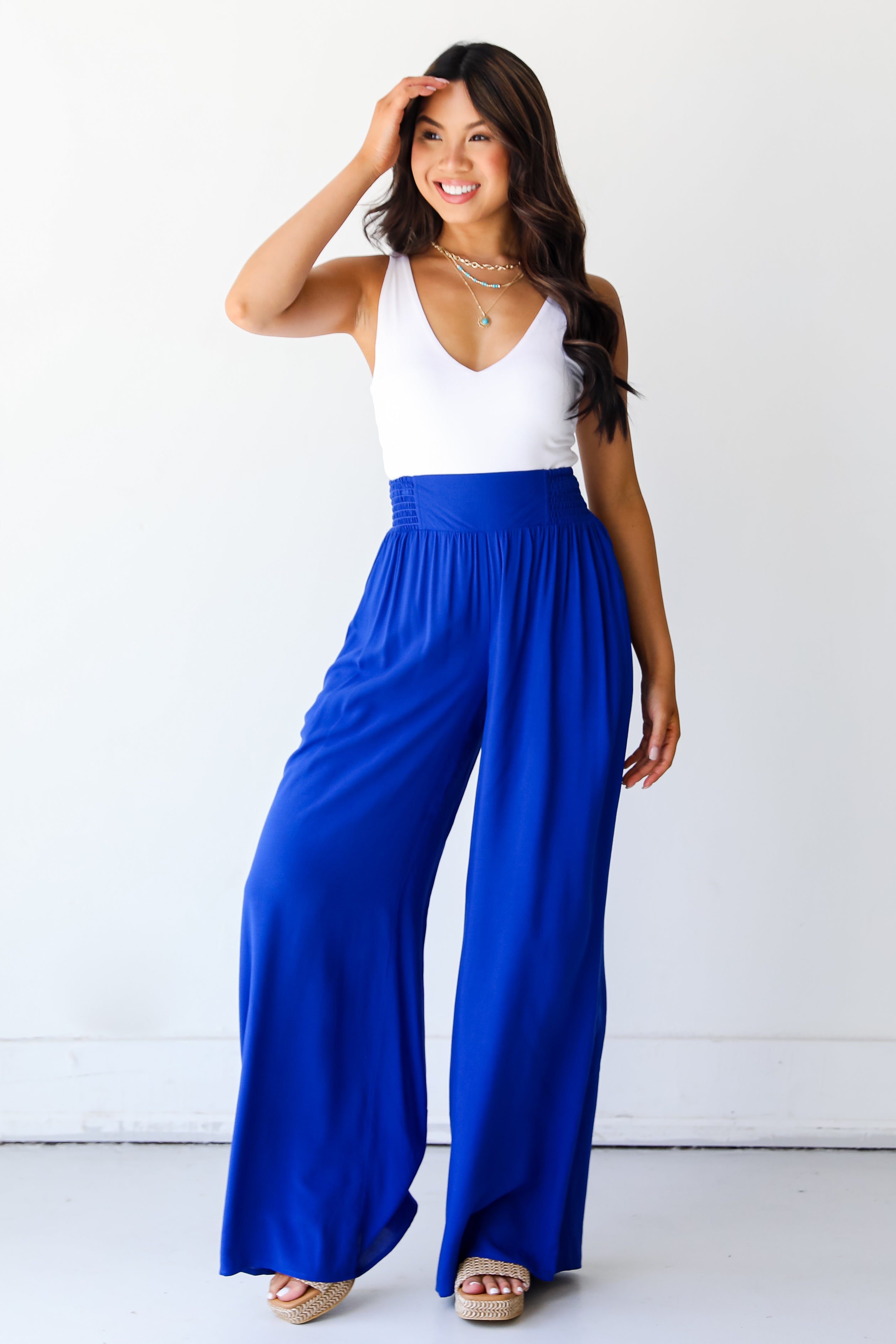blue Wide Leg Pants on model