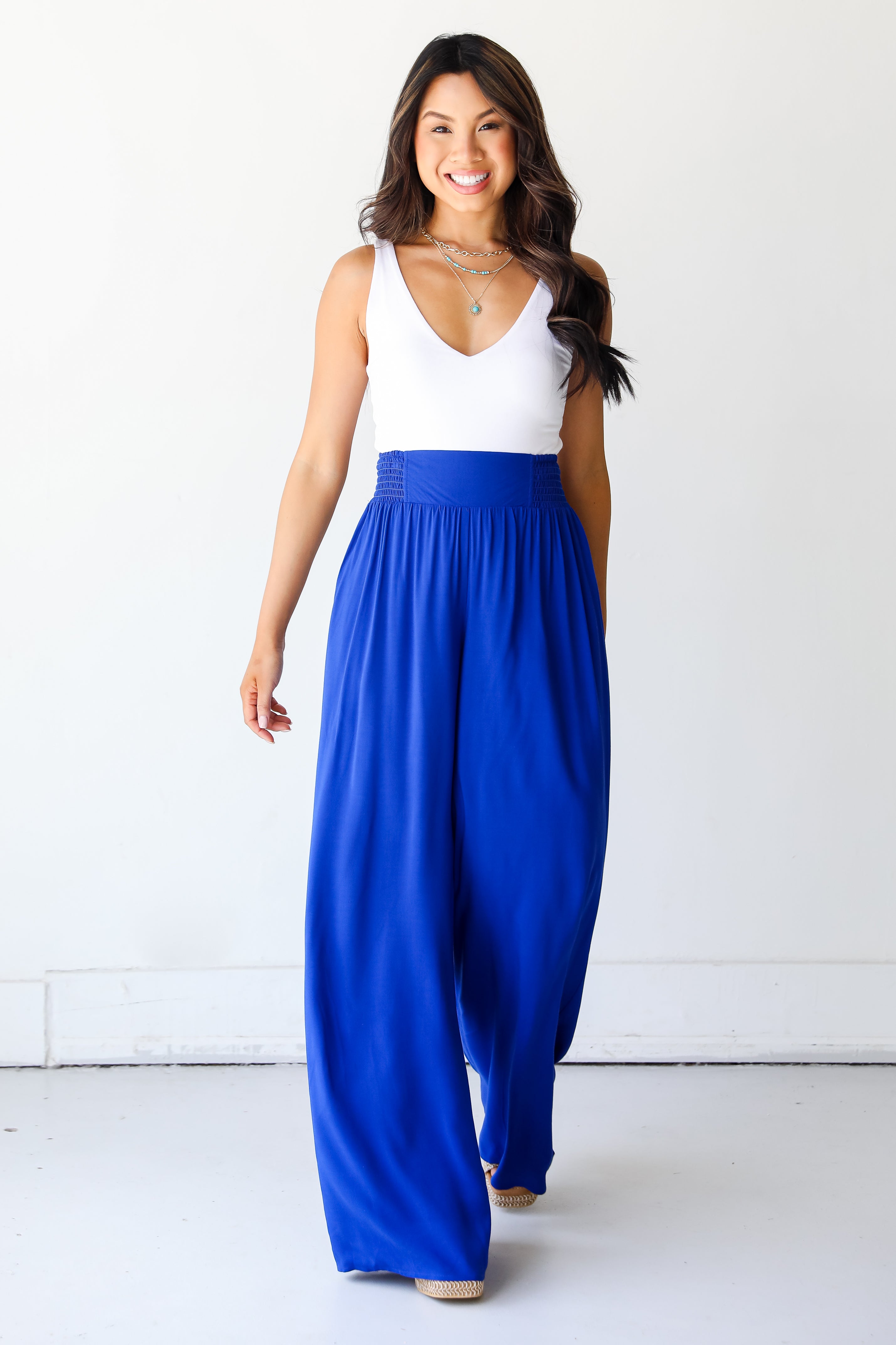 blue Wide Leg Pants front view