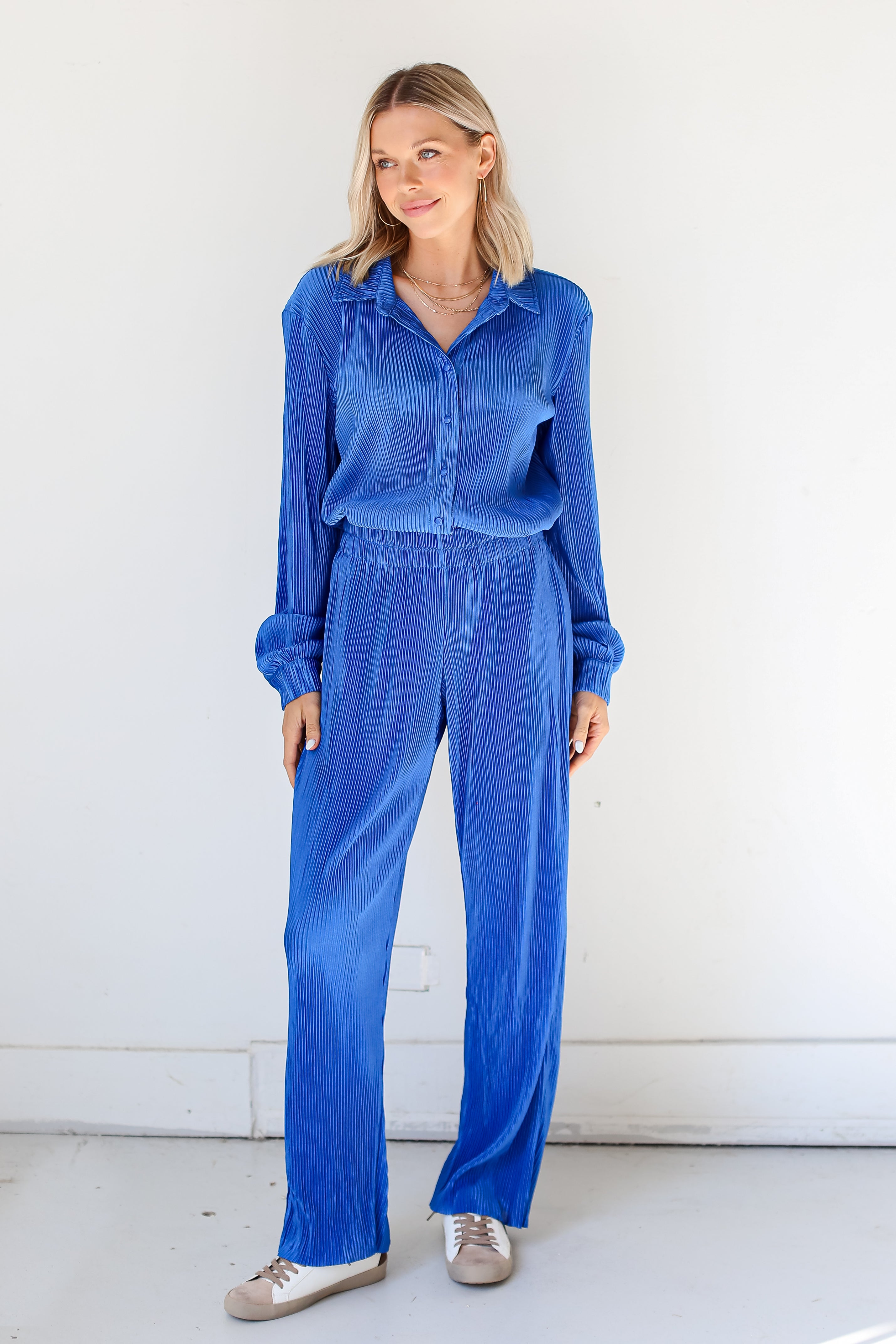 blue Plisse Pants on dress up model