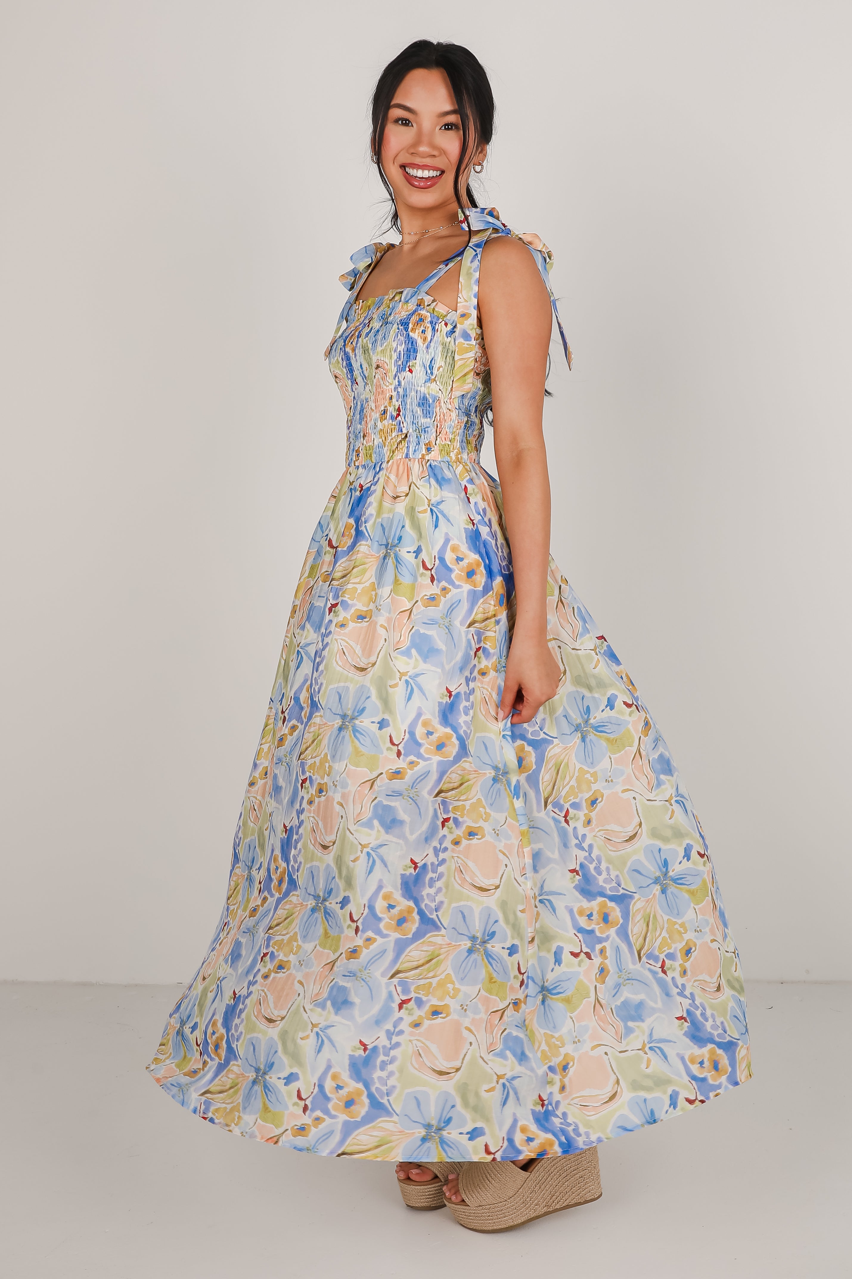Come Back Blue Floral Smocked Maxi Dress