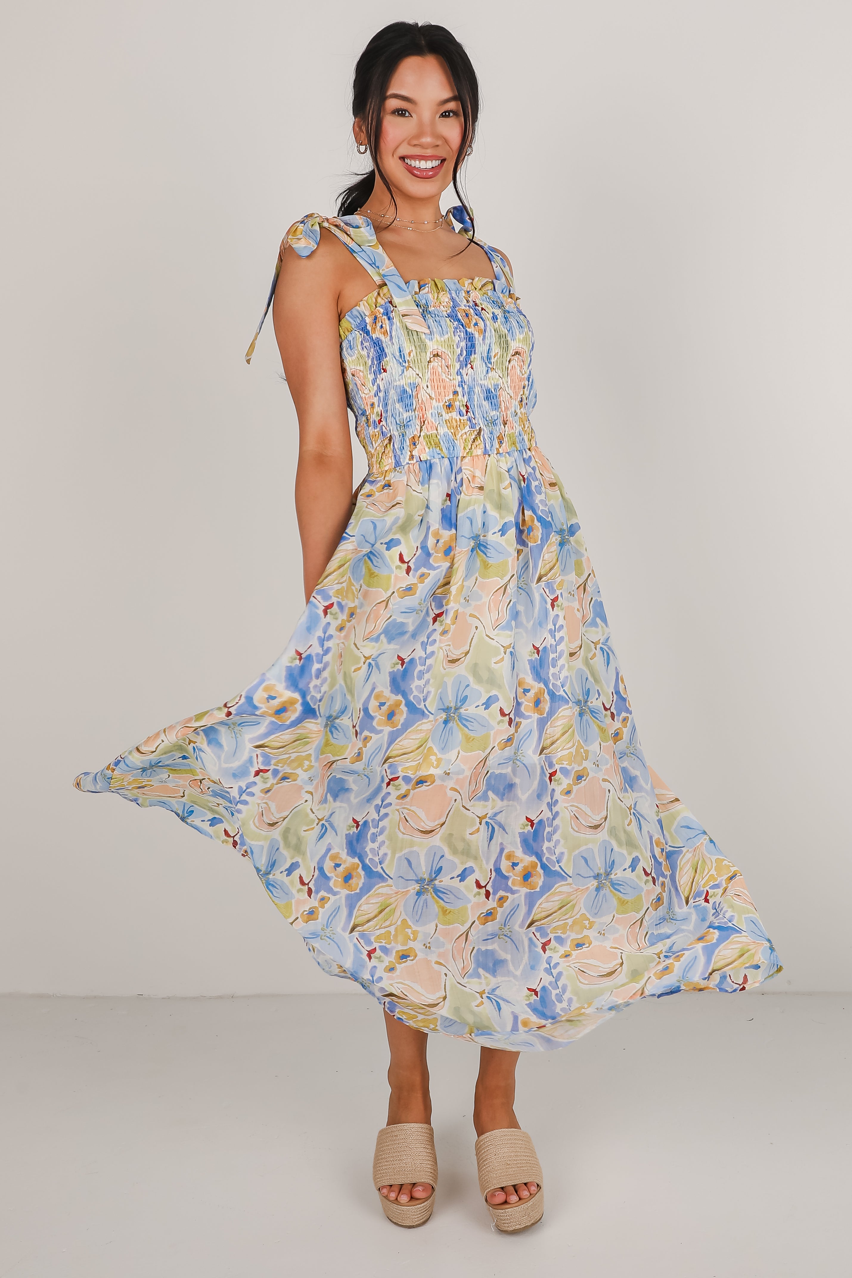 Come Back Blue Floral Smocked Maxi Dress