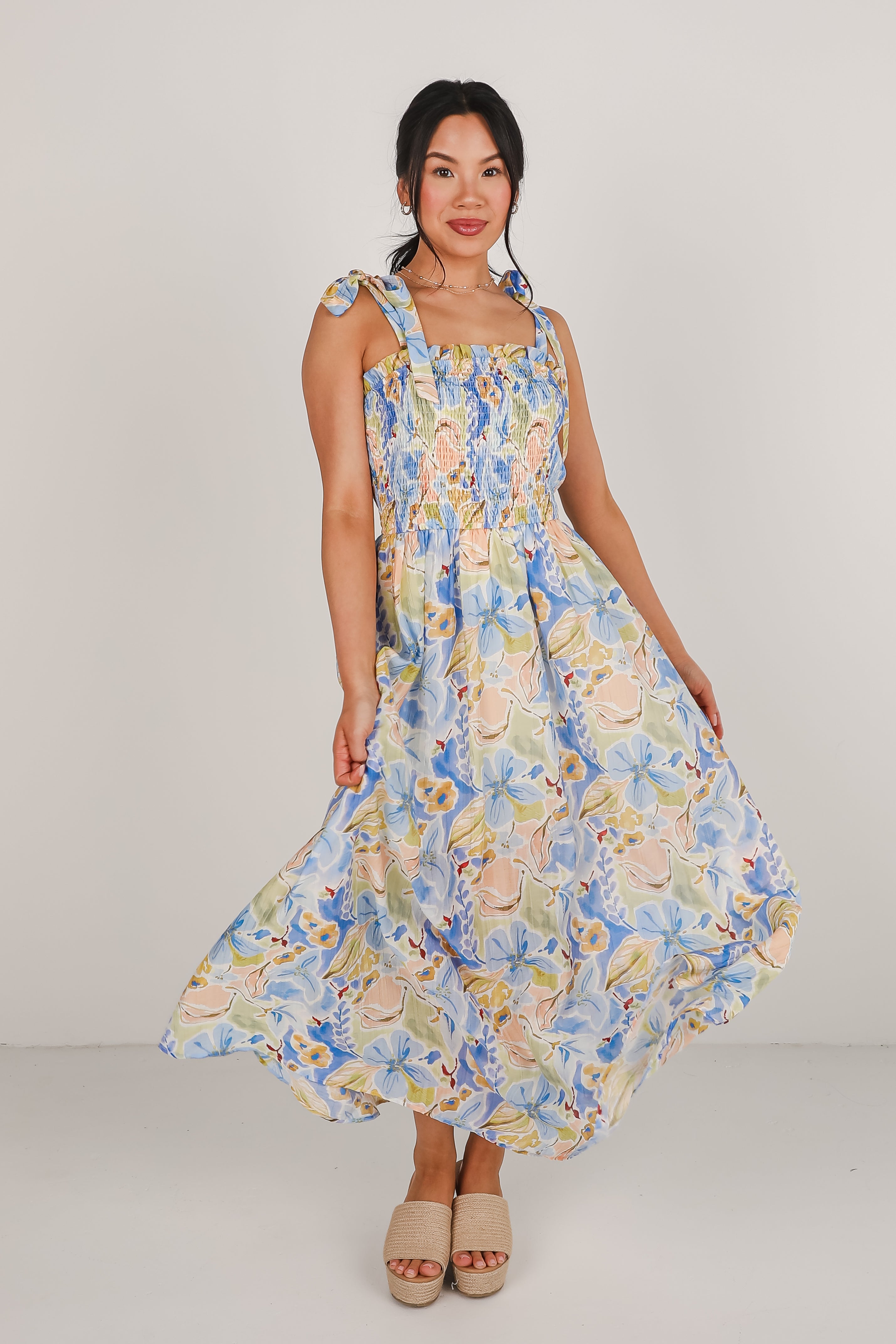 Come Back Blue Floral Smocked Maxi Dress