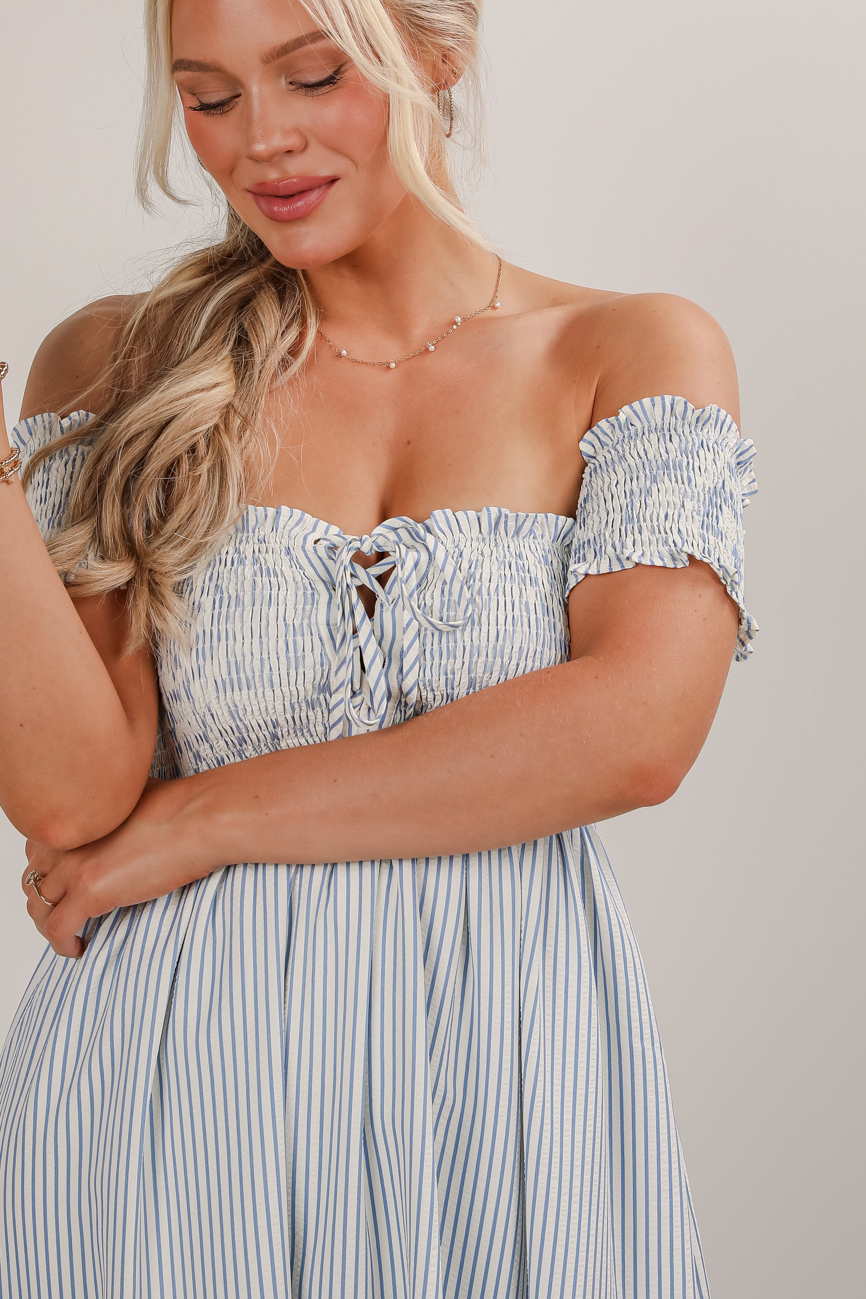 Say It Proud Blue Striped Smocked Midi Dress