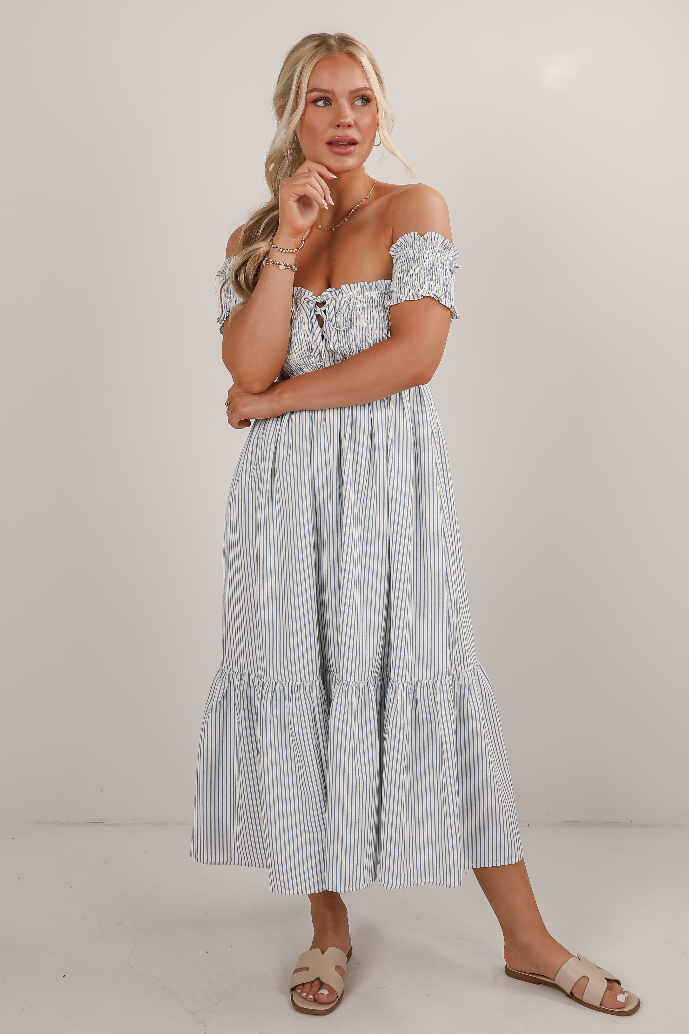 Say It Proud Blue Striped Smocked Midi Dress