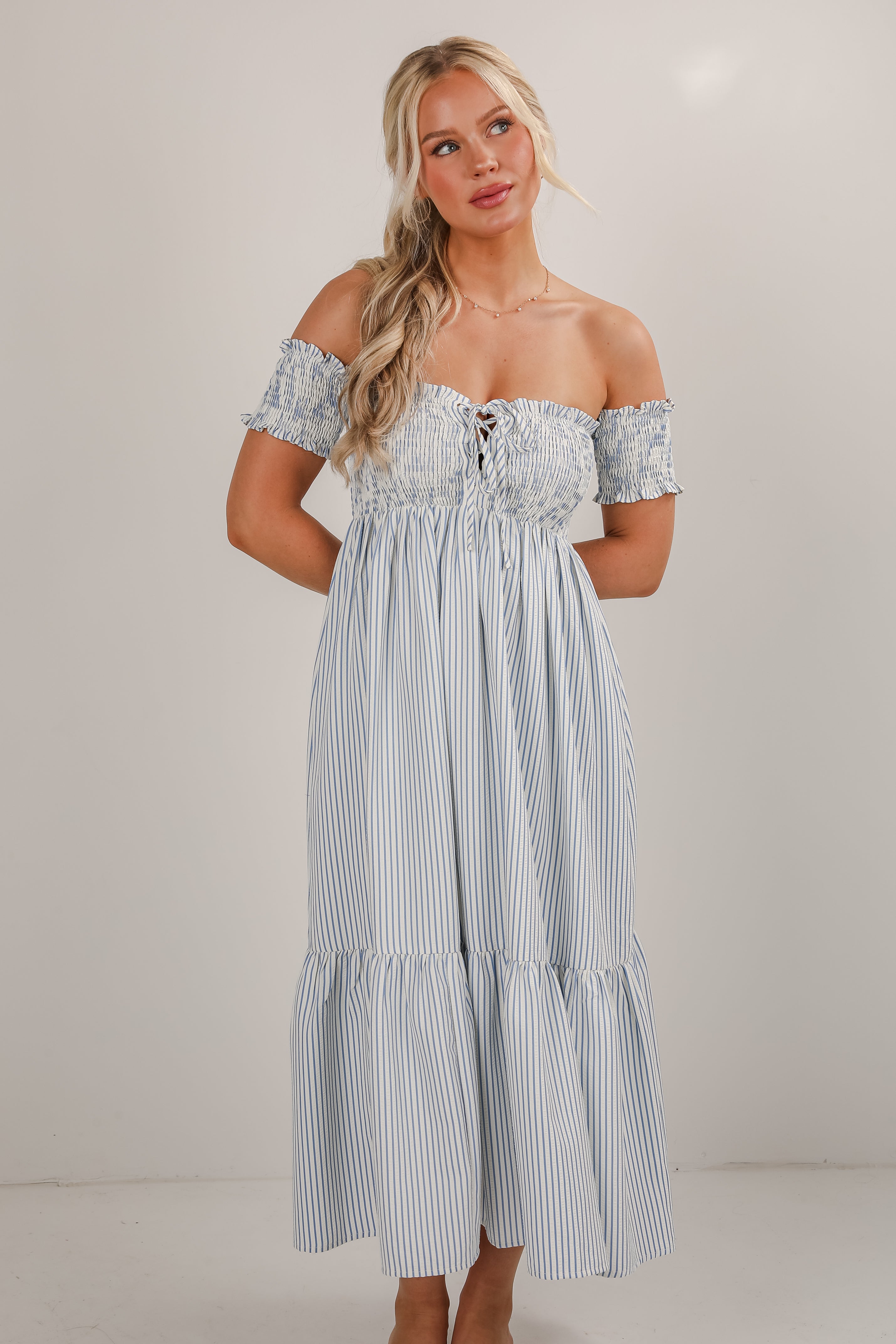 Say It Proud Blue Striped Smocked Midi Dress