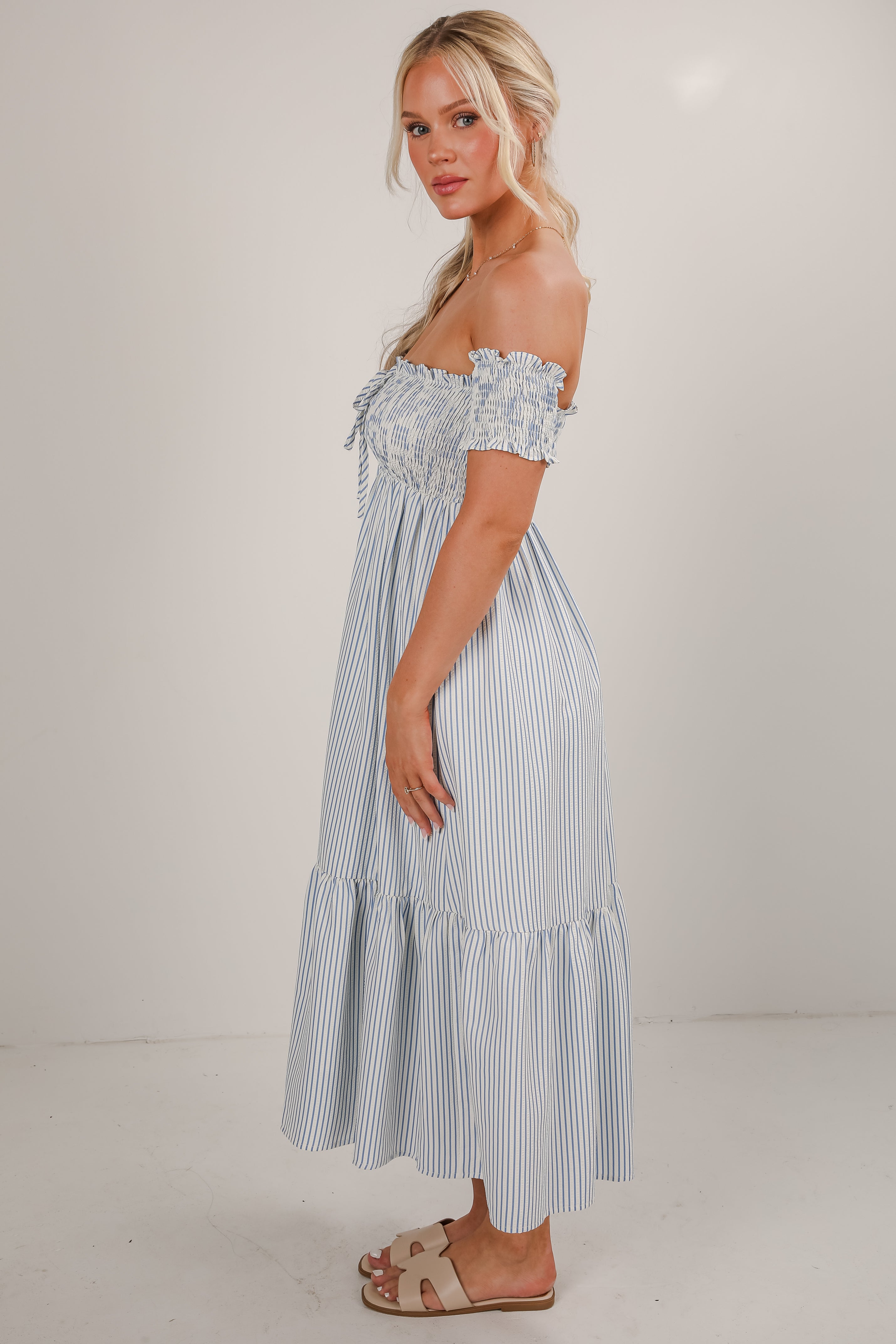 Say It Proud Blue Striped Smocked Midi Dress