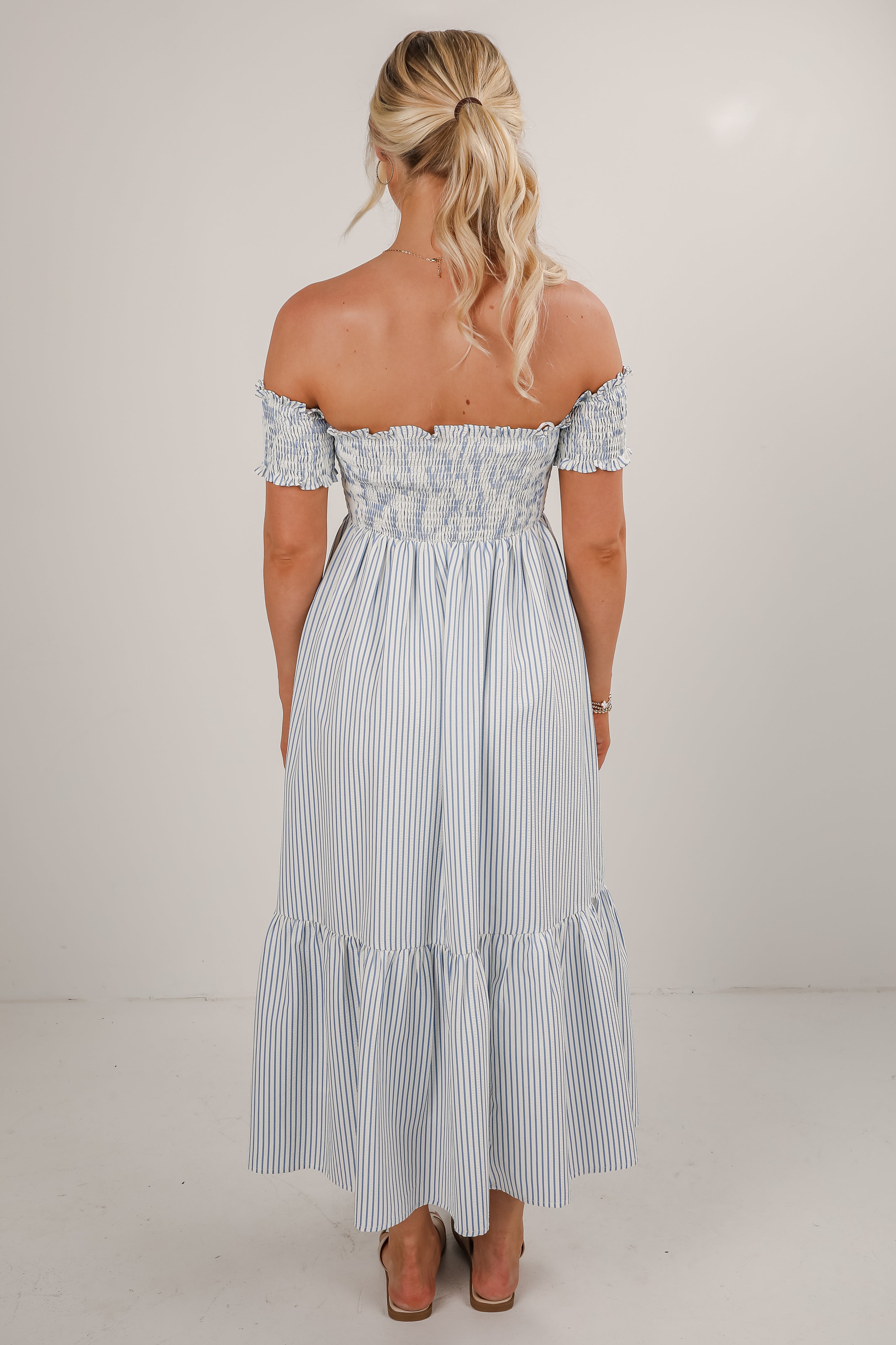 Say It Proud Blue Striped Smocked Midi Dress