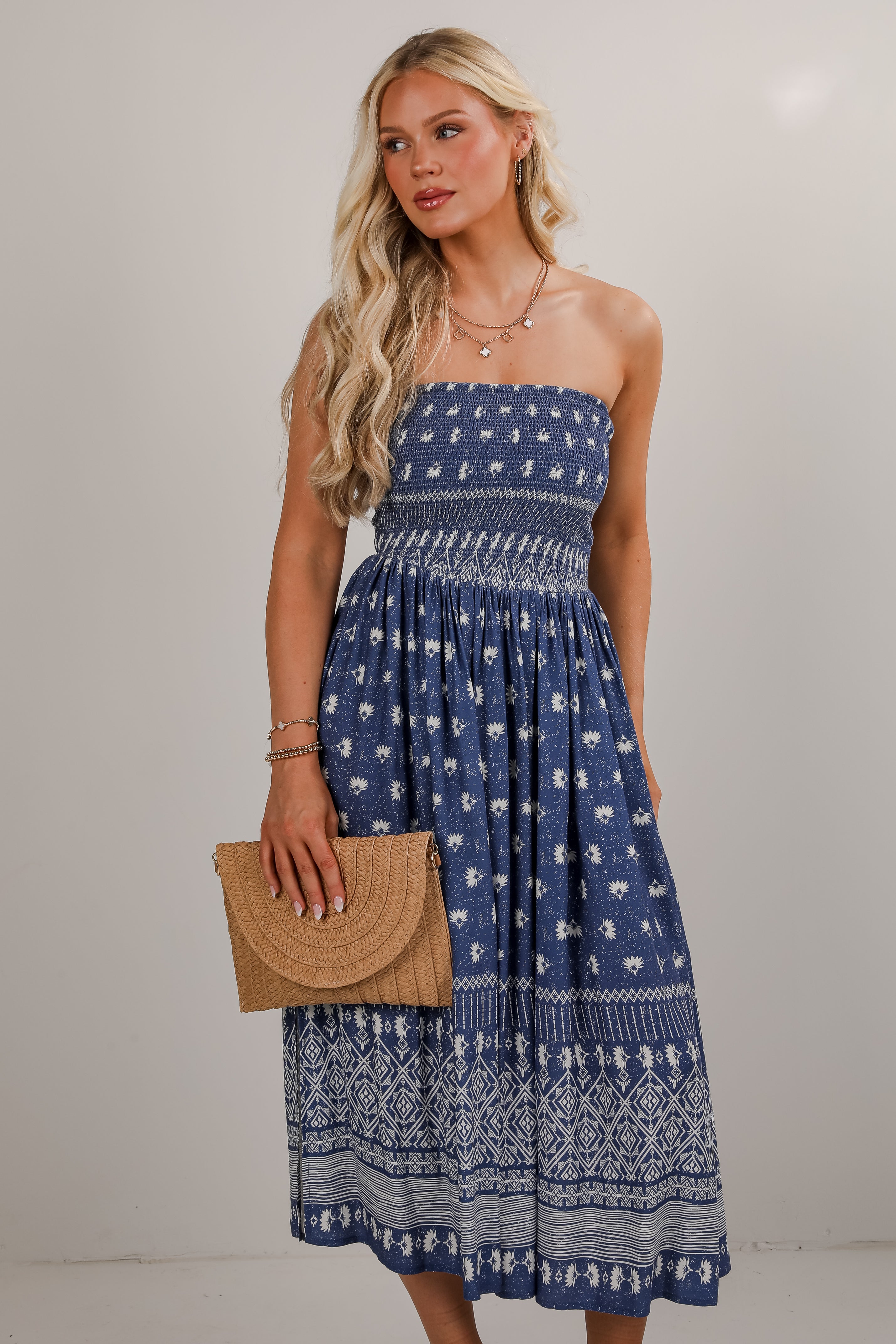 Saltwater Essential Blue Strapless Smocked Midi Dress