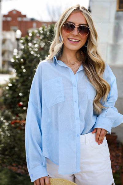 blue Pinstripe Oversized Button-Up Blouse