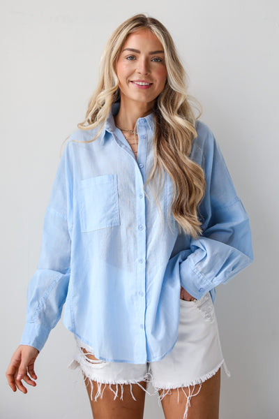 blue Pinstripe Oversized Button-Up Blouse for women