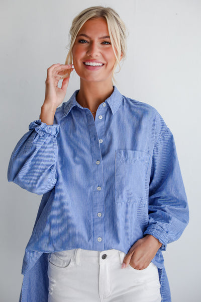 trendy Blue Striped Button-Up Blouse