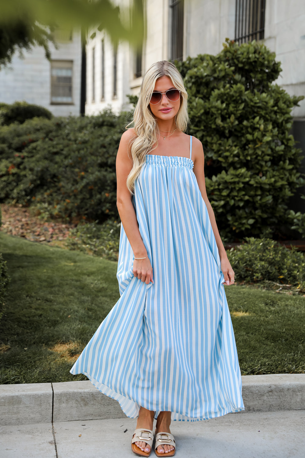 cute Light Blue Striped Maxi Dress