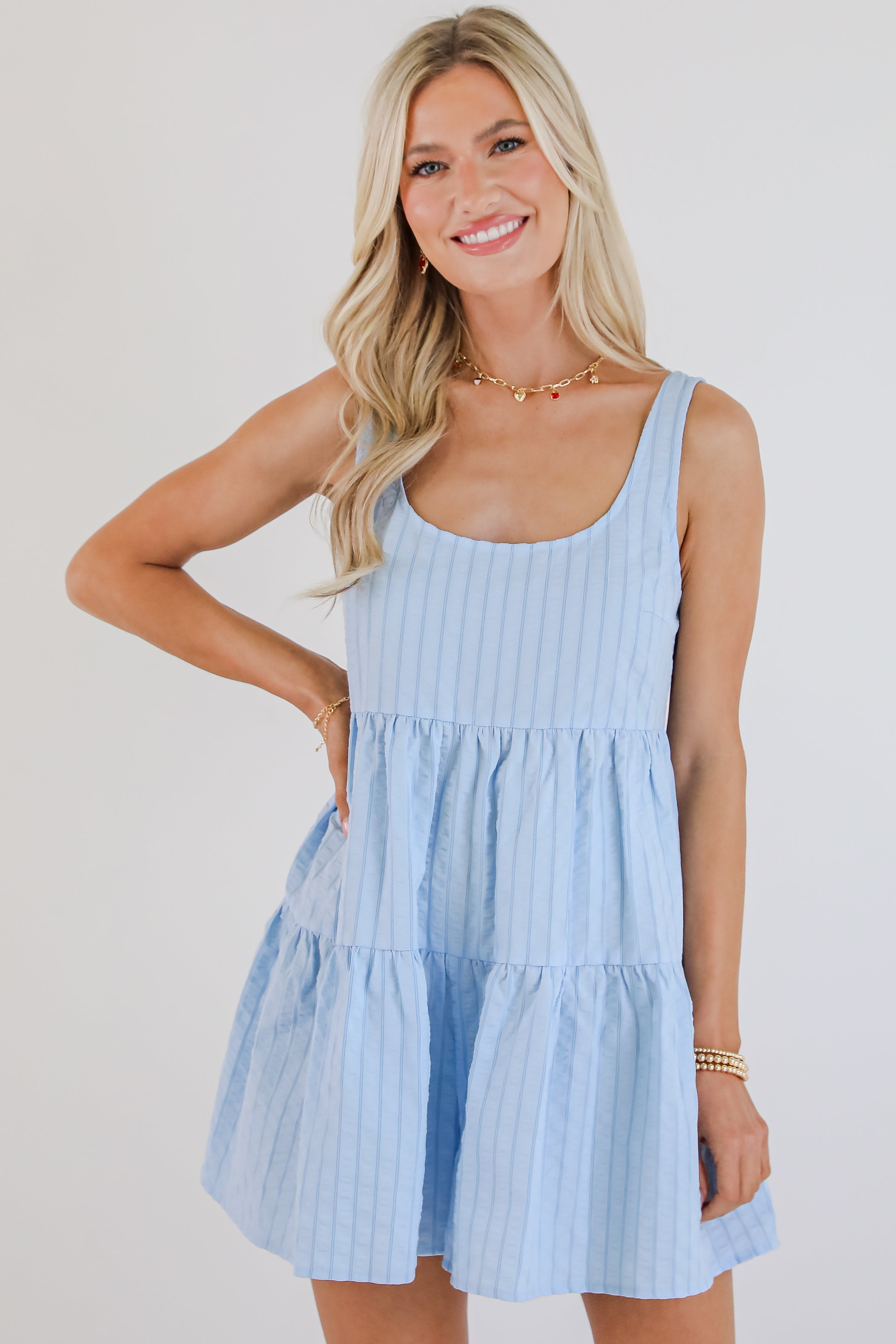 Inspiring Love Light Blue Striped Romper