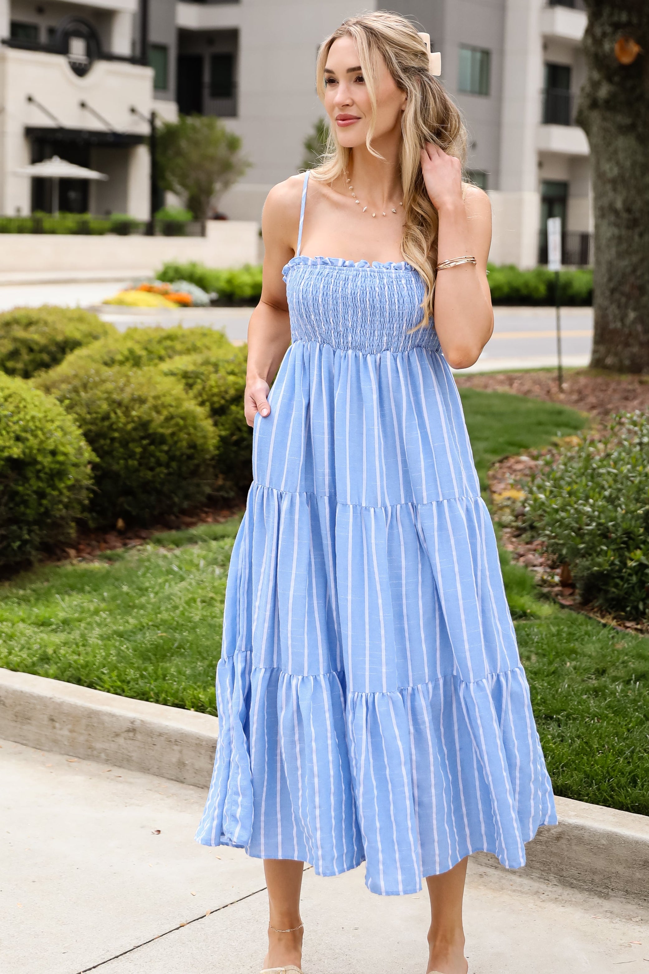 Dreamy Getaway Blue Striped Tiered Maxi Dress