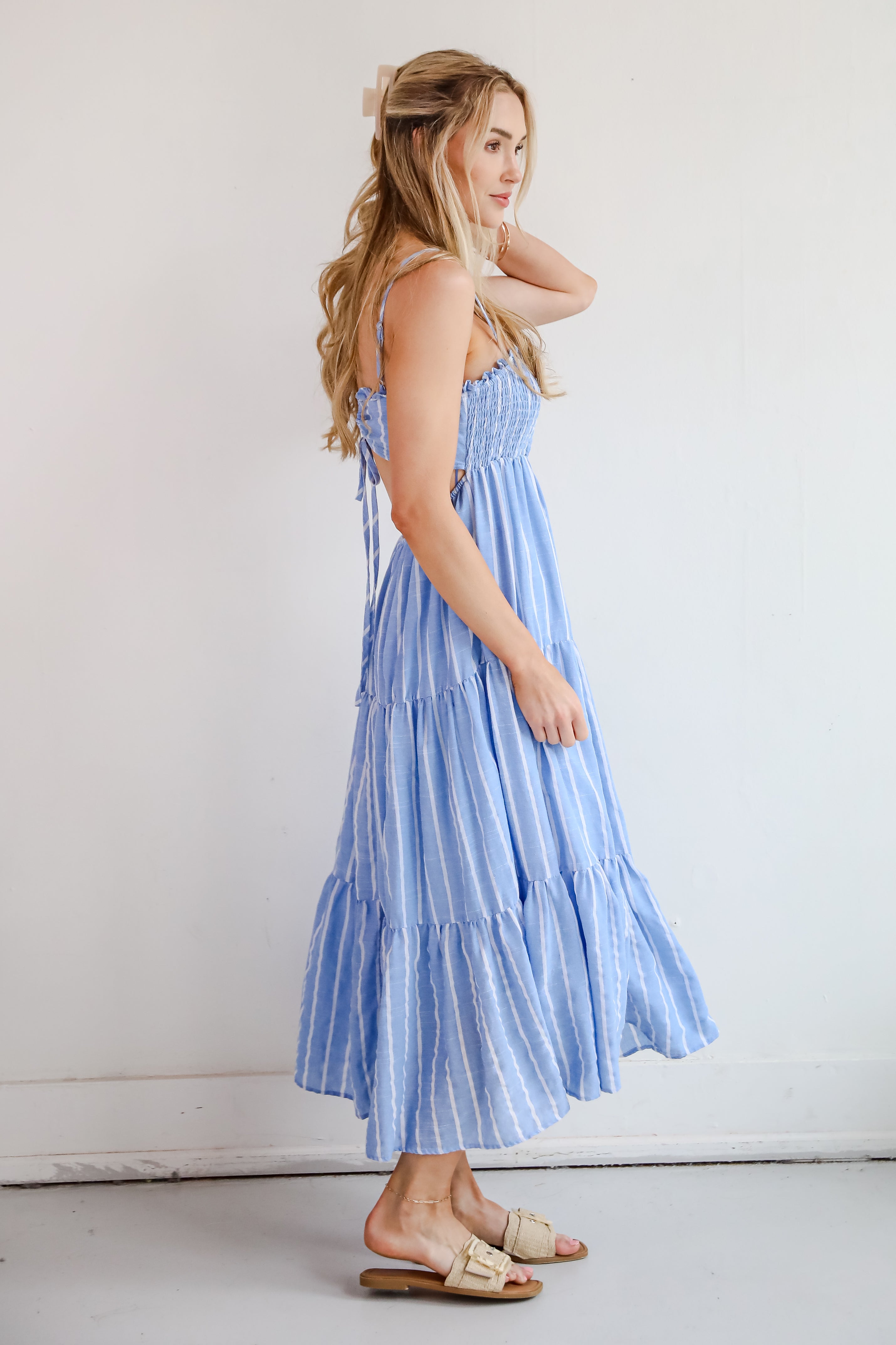 Dreamy Getaway Blue Striped Tiered Maxi Dress