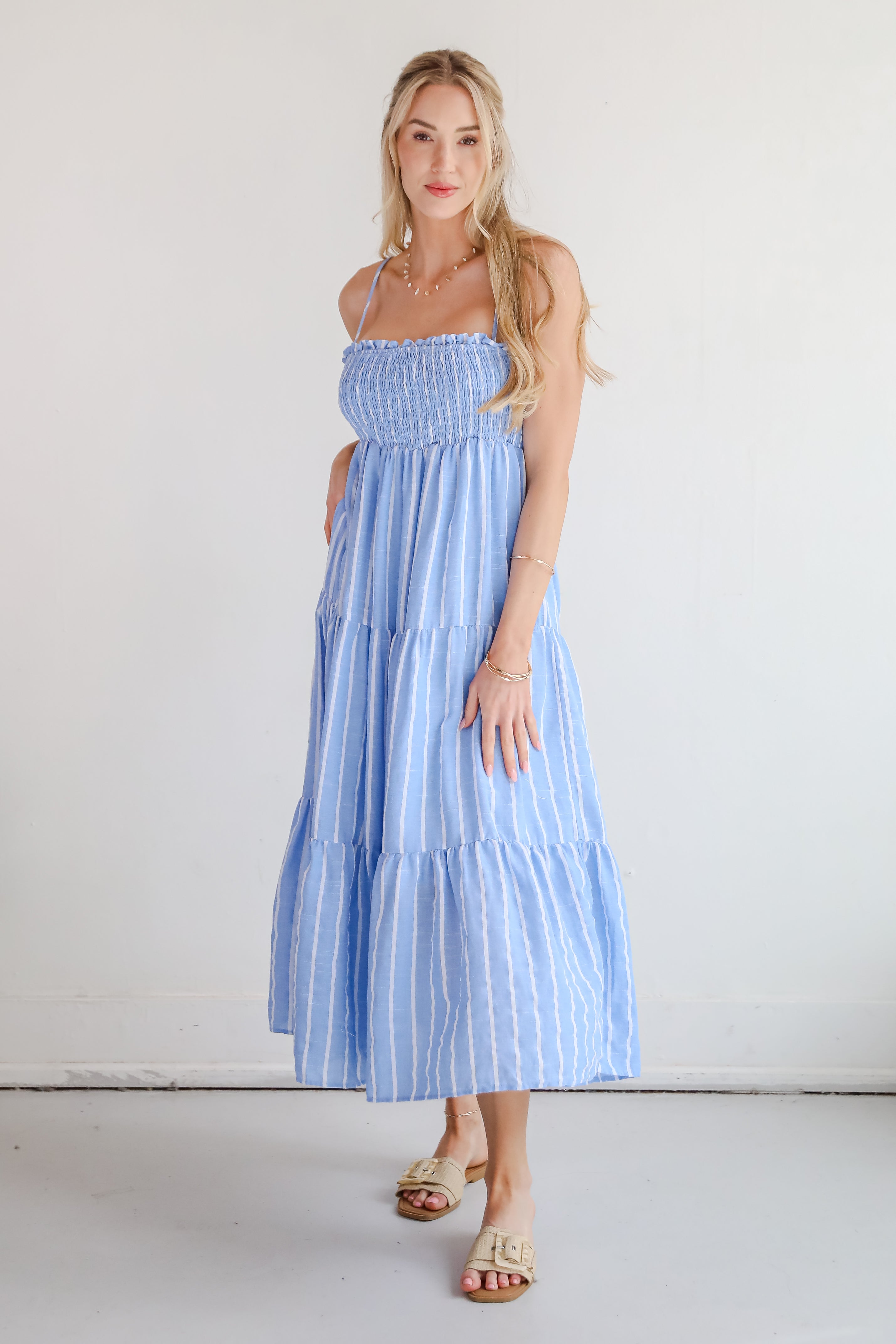 Dreamy Getaway Blue Striped Tiered Maxi Dress