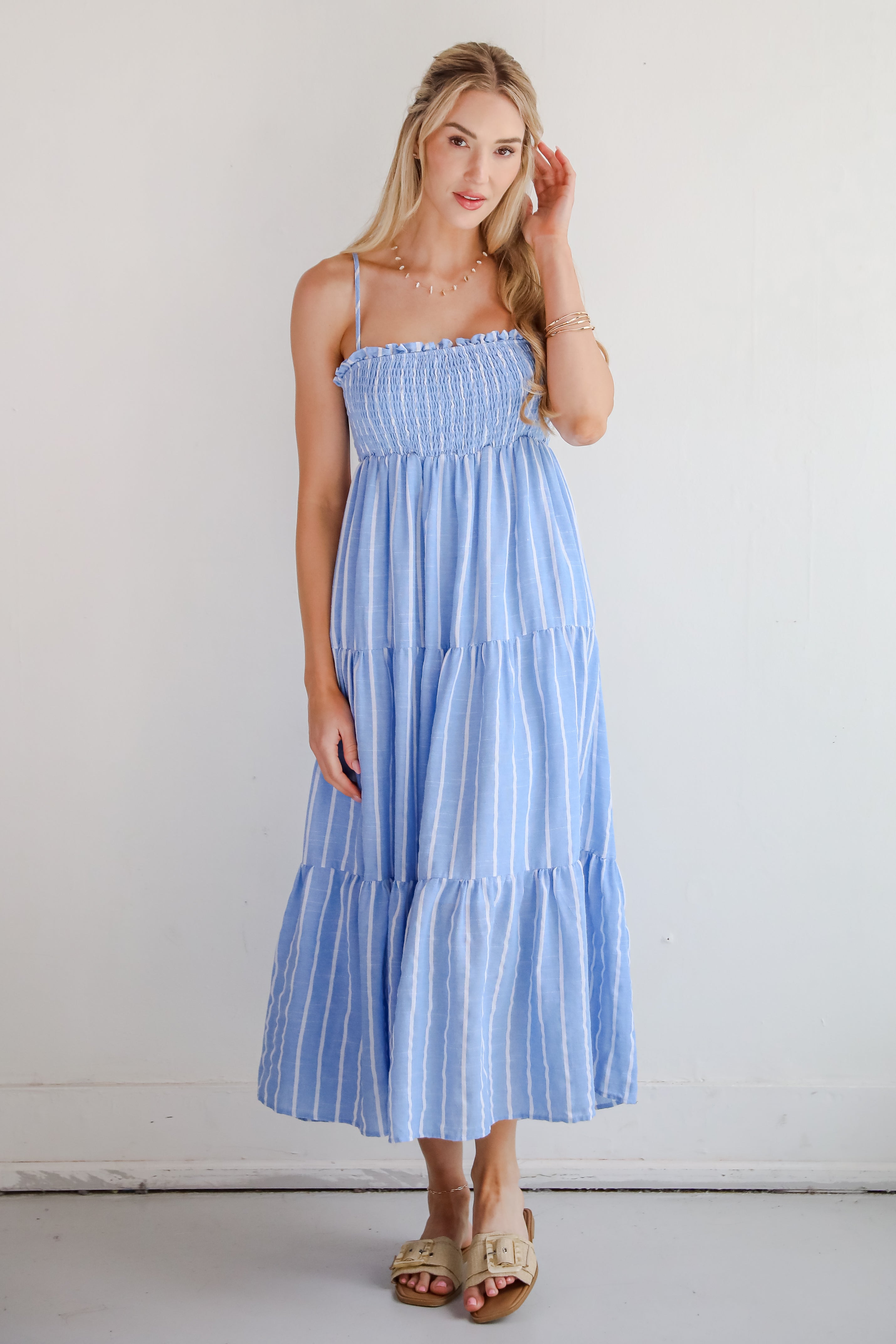 Dreamy Getaway Blue Striped Tiered Maxi Dress