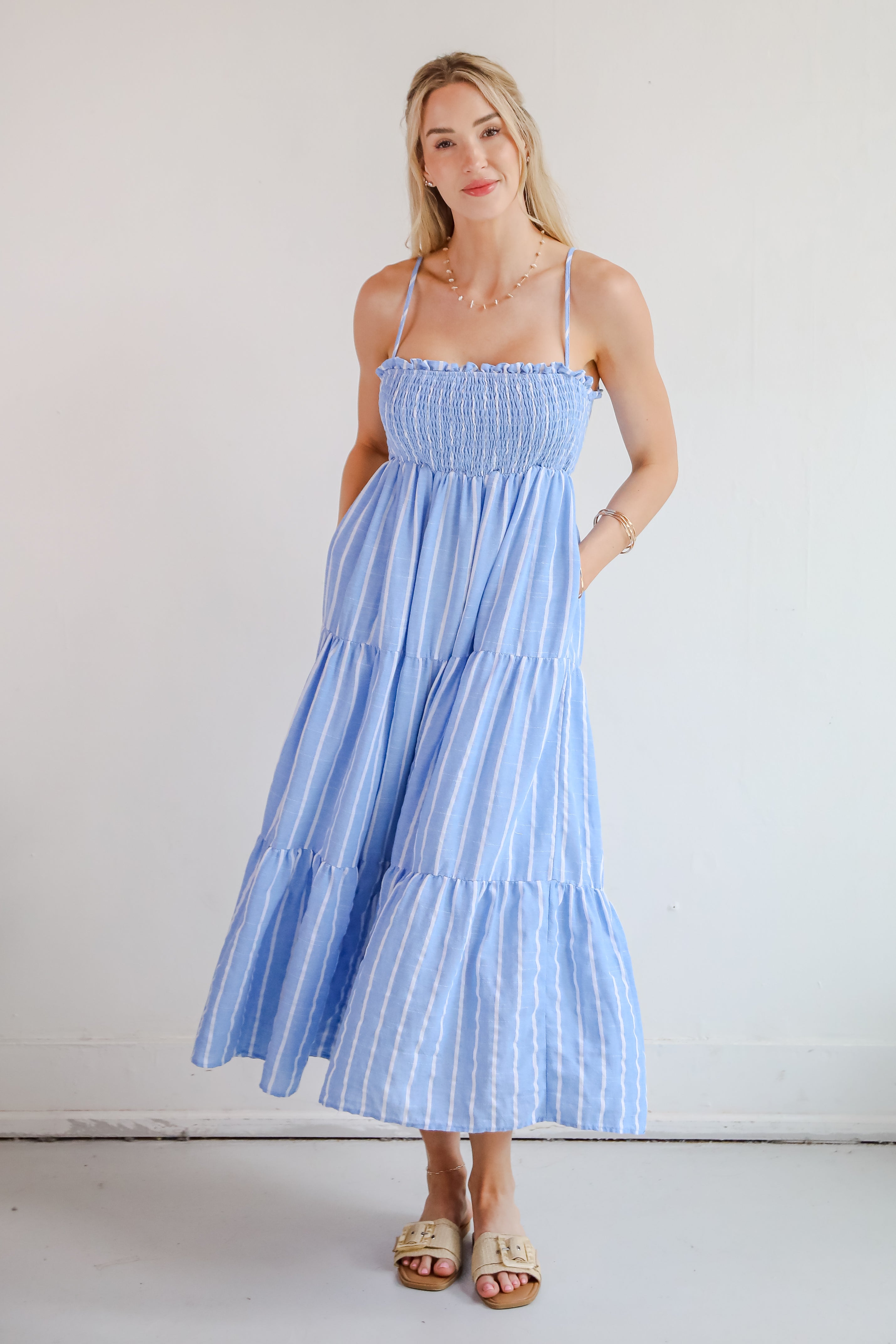 Dreamy Getaway Blue Striped Tiered Maxi Dress