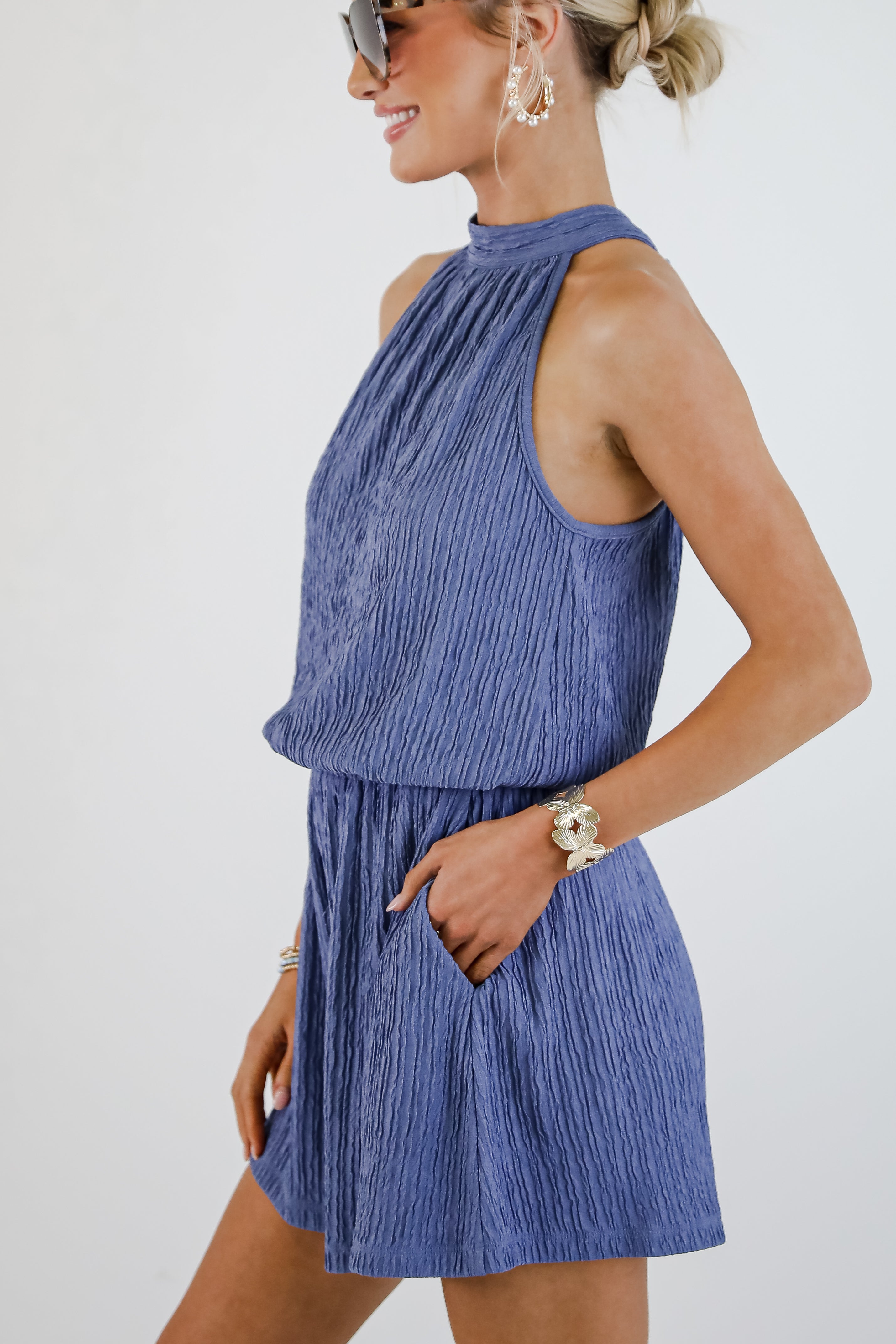 Daydreamer Dark Blue Textured Romper