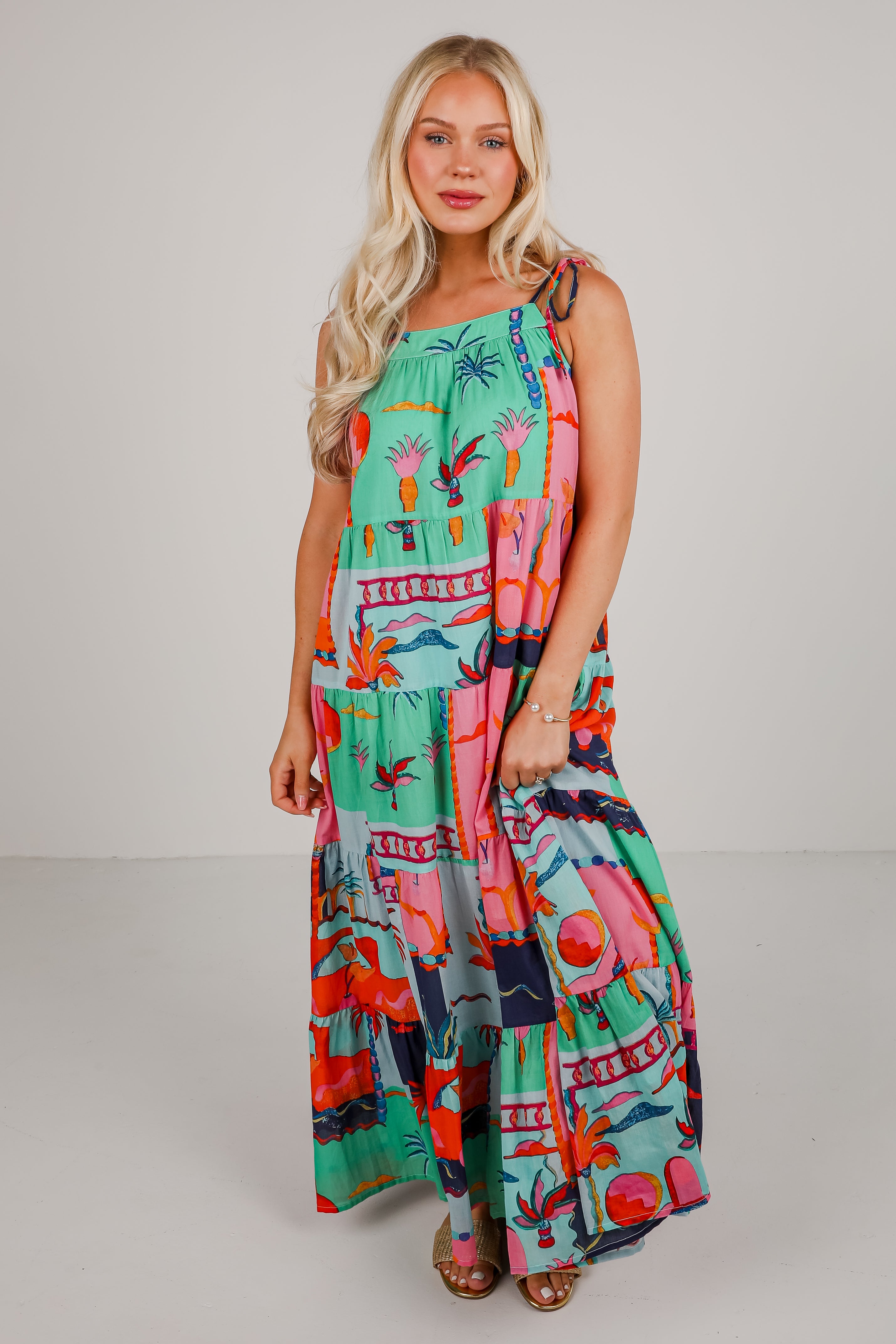Sunset By The Sea Blue Tropical Tiered Maxi Dress