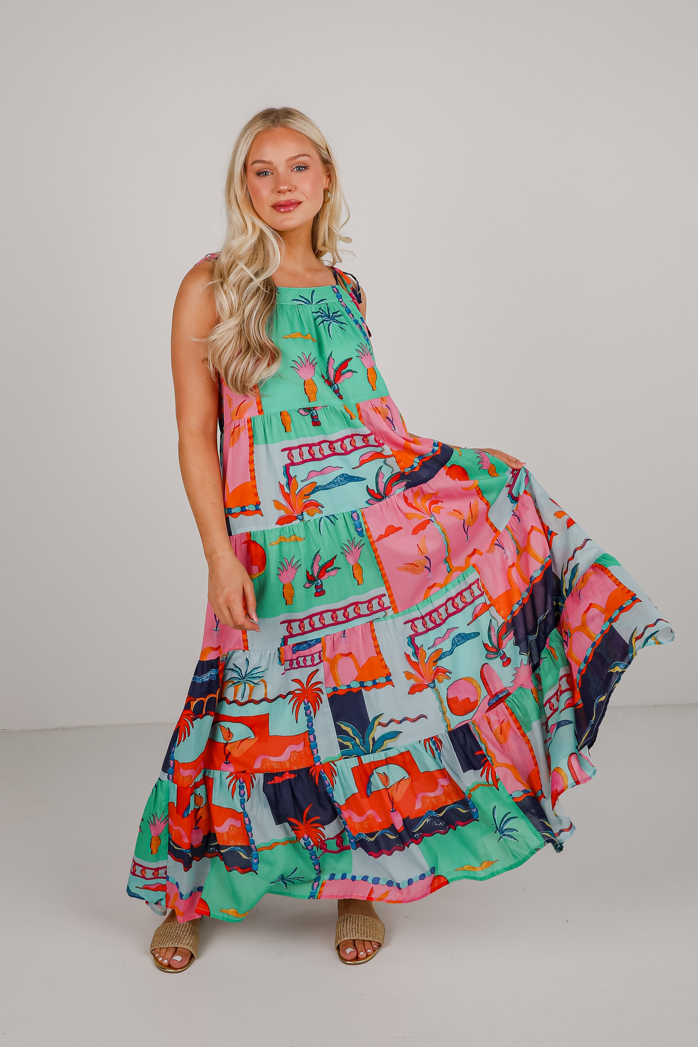 Sunset By The Sea Blue Tropical Tiered Maxi Dress