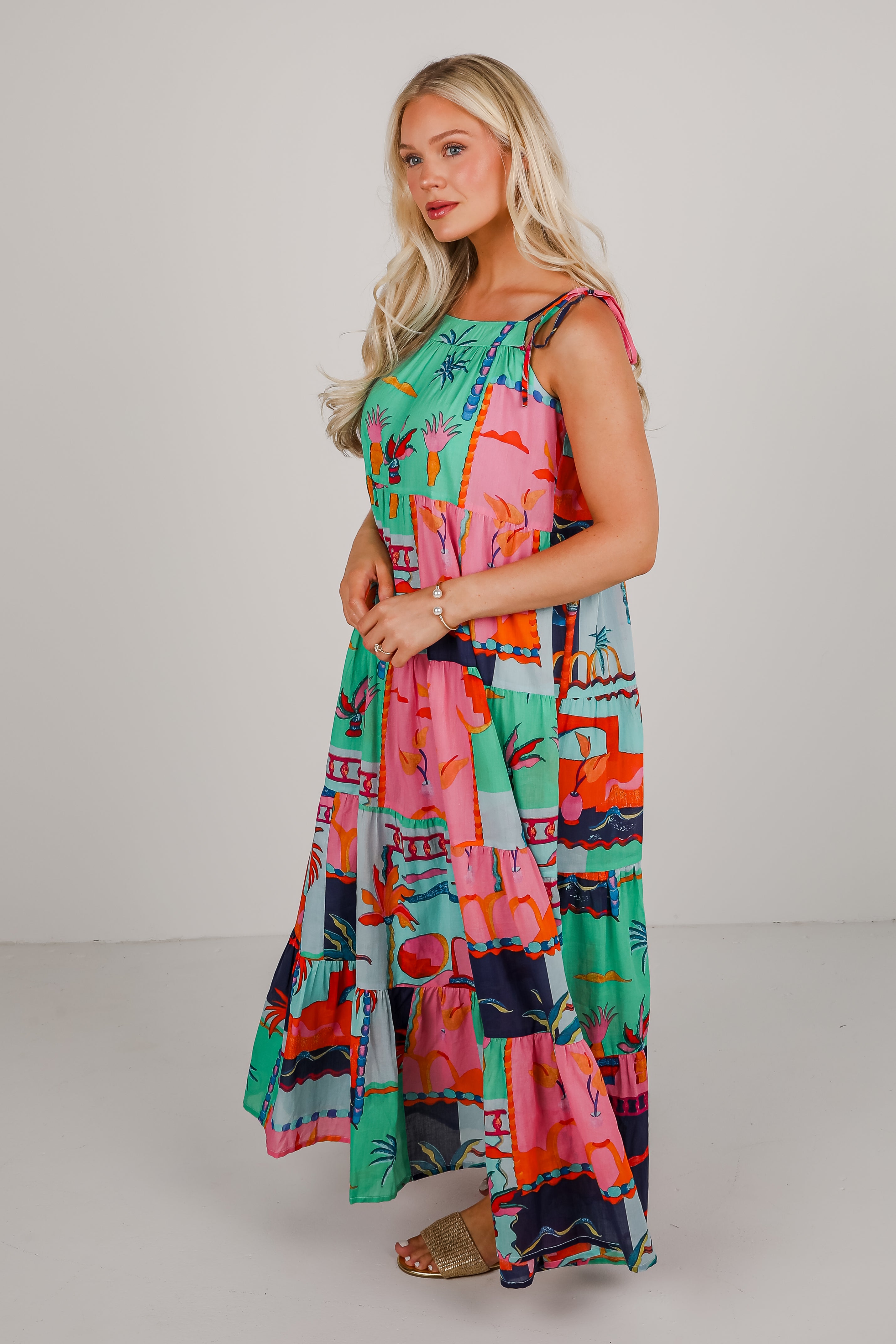 Sunset By The Sea Blue Tropical Tiered Maxi Dress