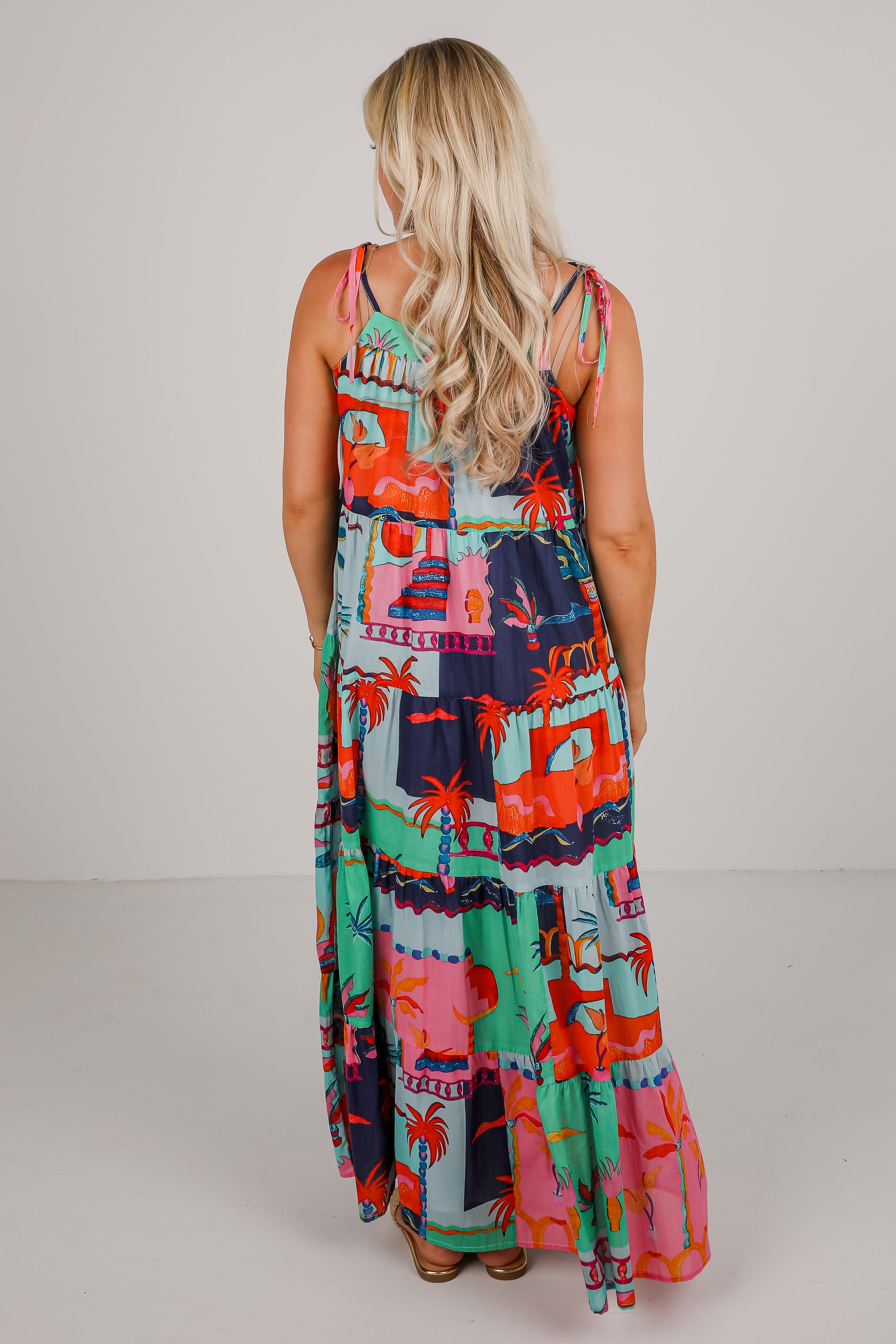 Sunset By The Sea Blue Tropical Tiered Maxi Dress