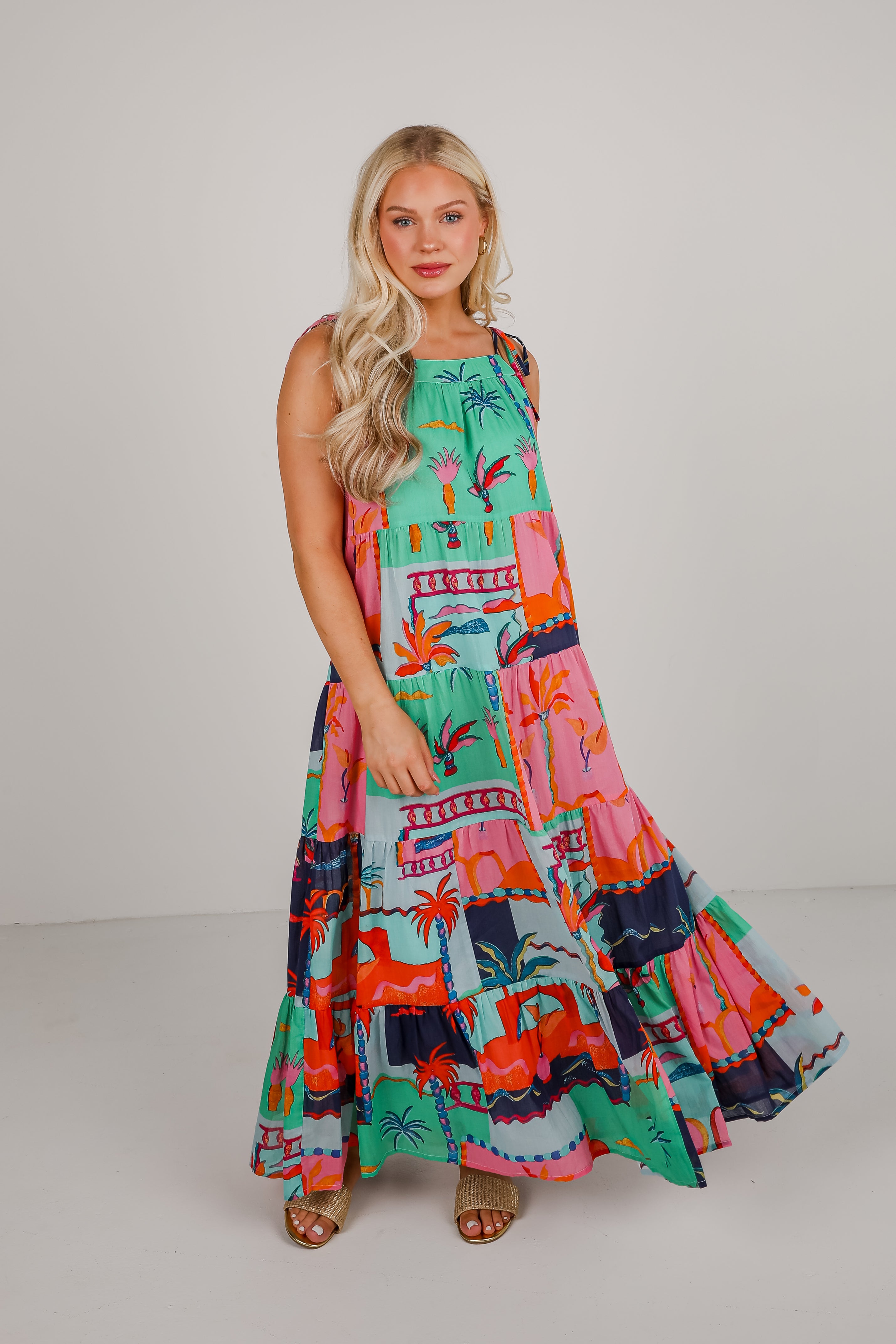 Sunset By The Sea Blue Tropical Tiered Maxi Dress