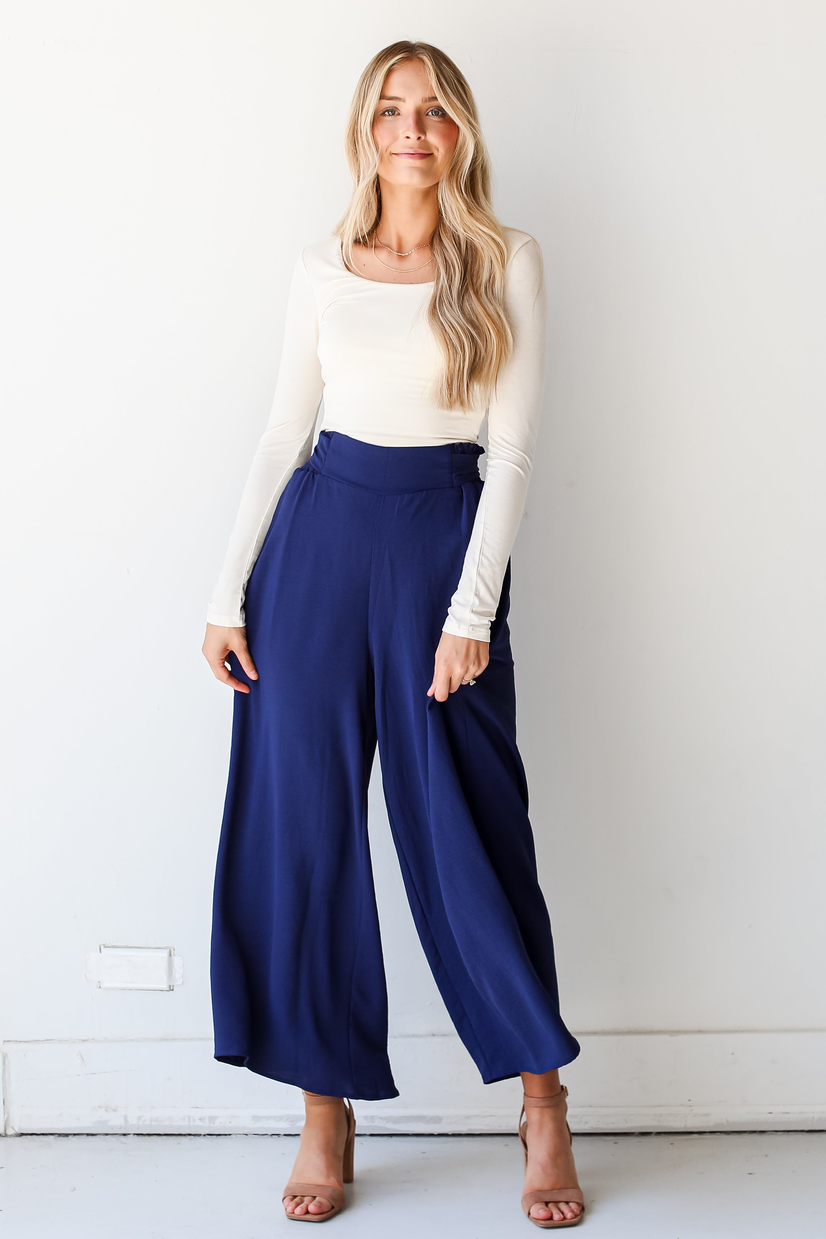 navy Wide Leg Pants front view