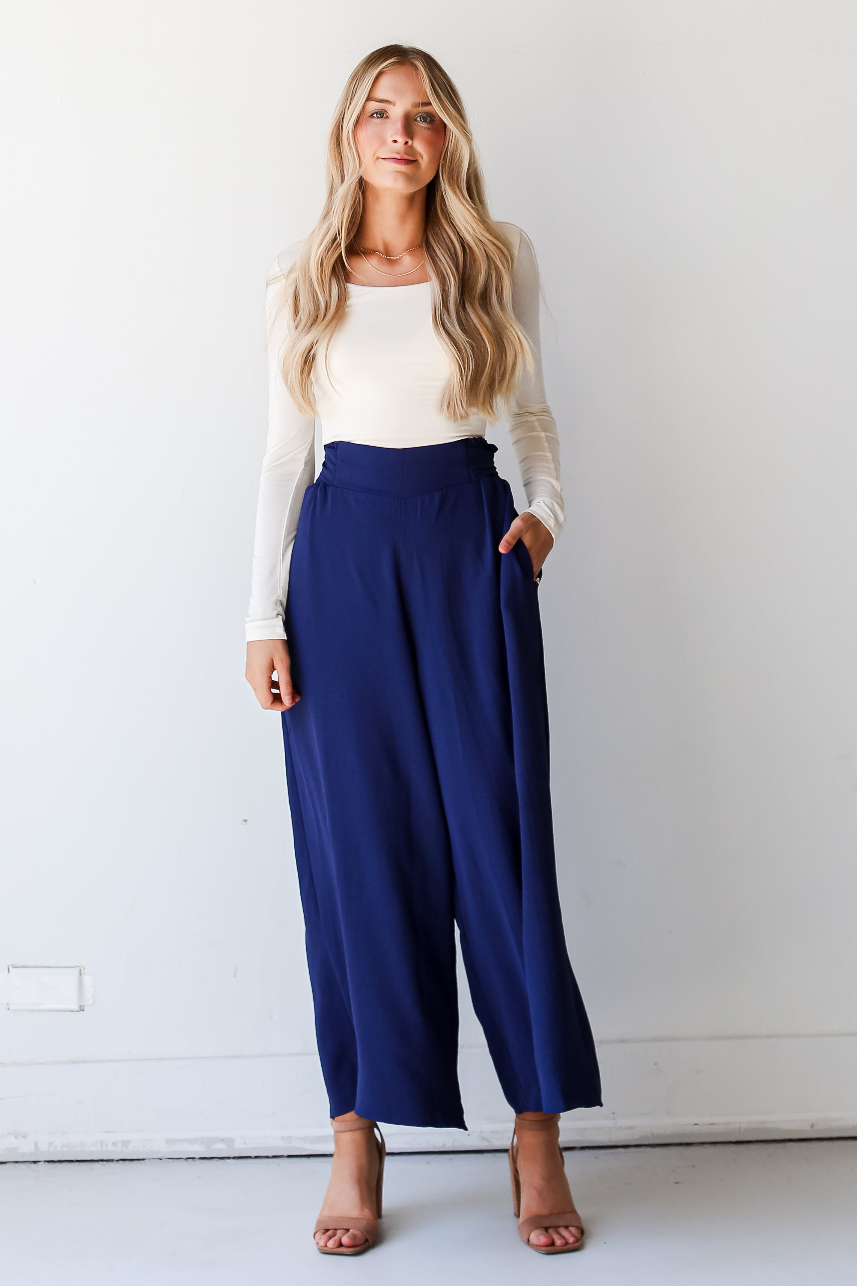navy Wide Leg Pants front view