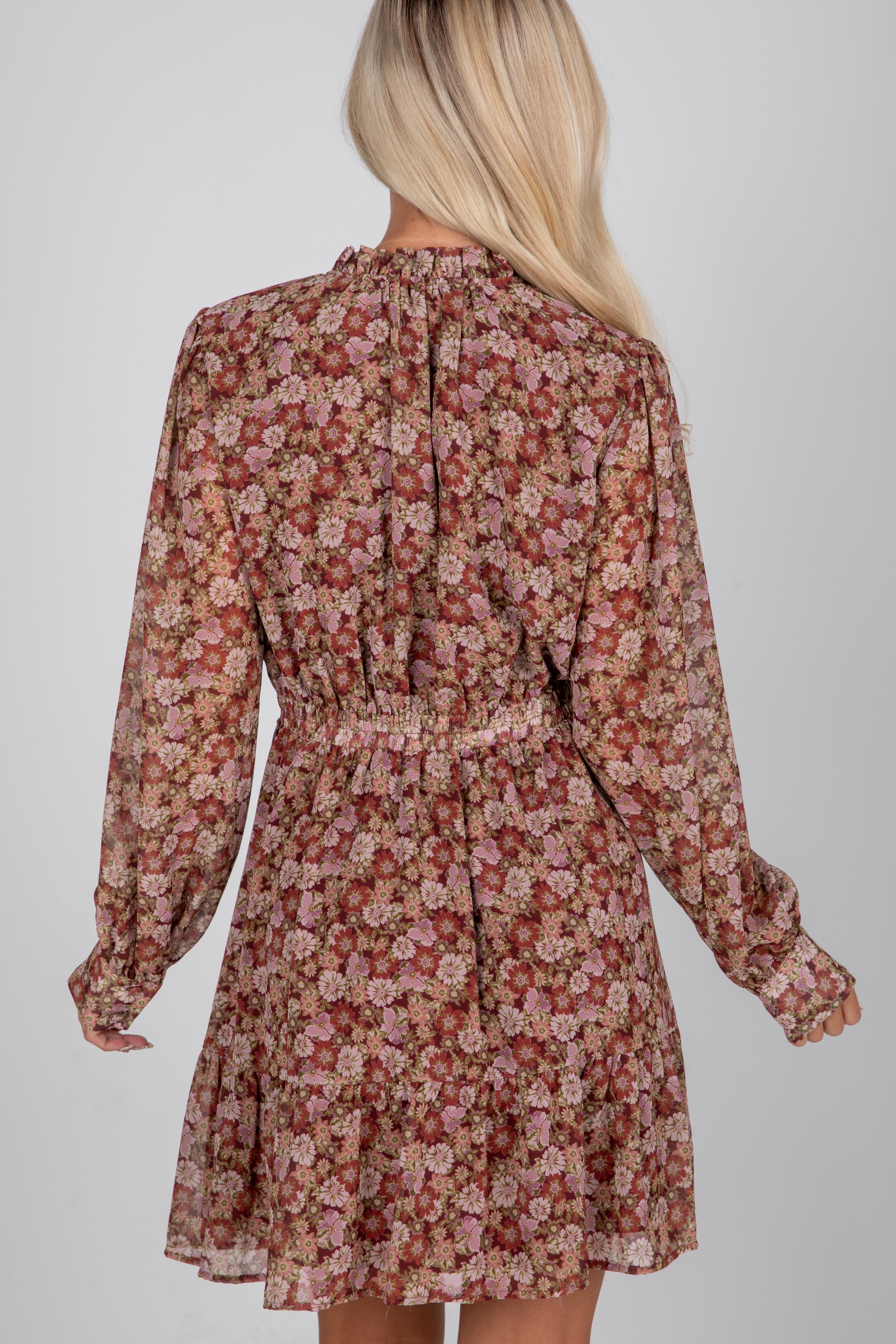 Floral dress worn by a person on a plain background