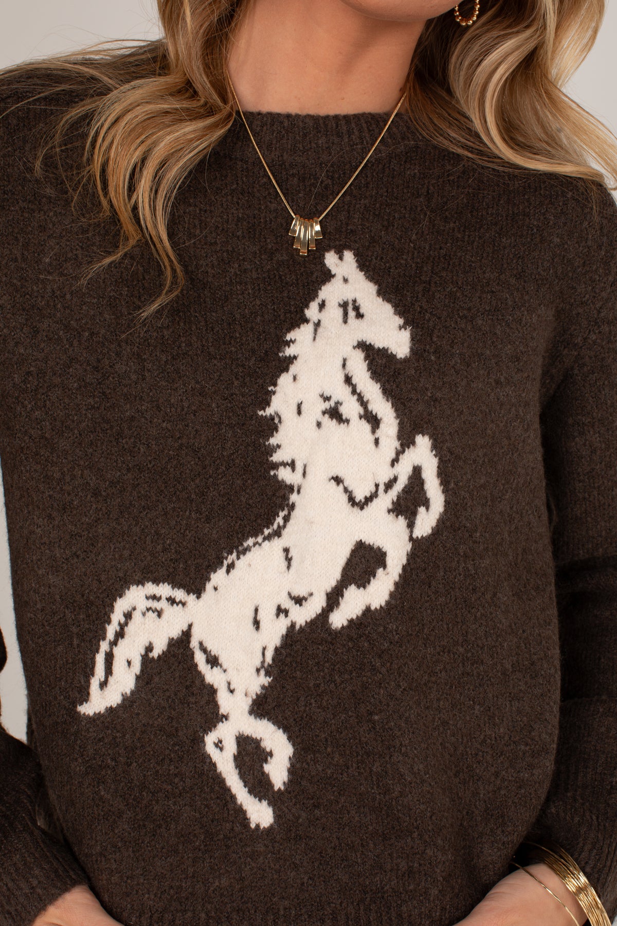 A close-up of a person wearing a dark brown knit sweater with a large white rearing horse motif across the chest, along with gold jewelry.