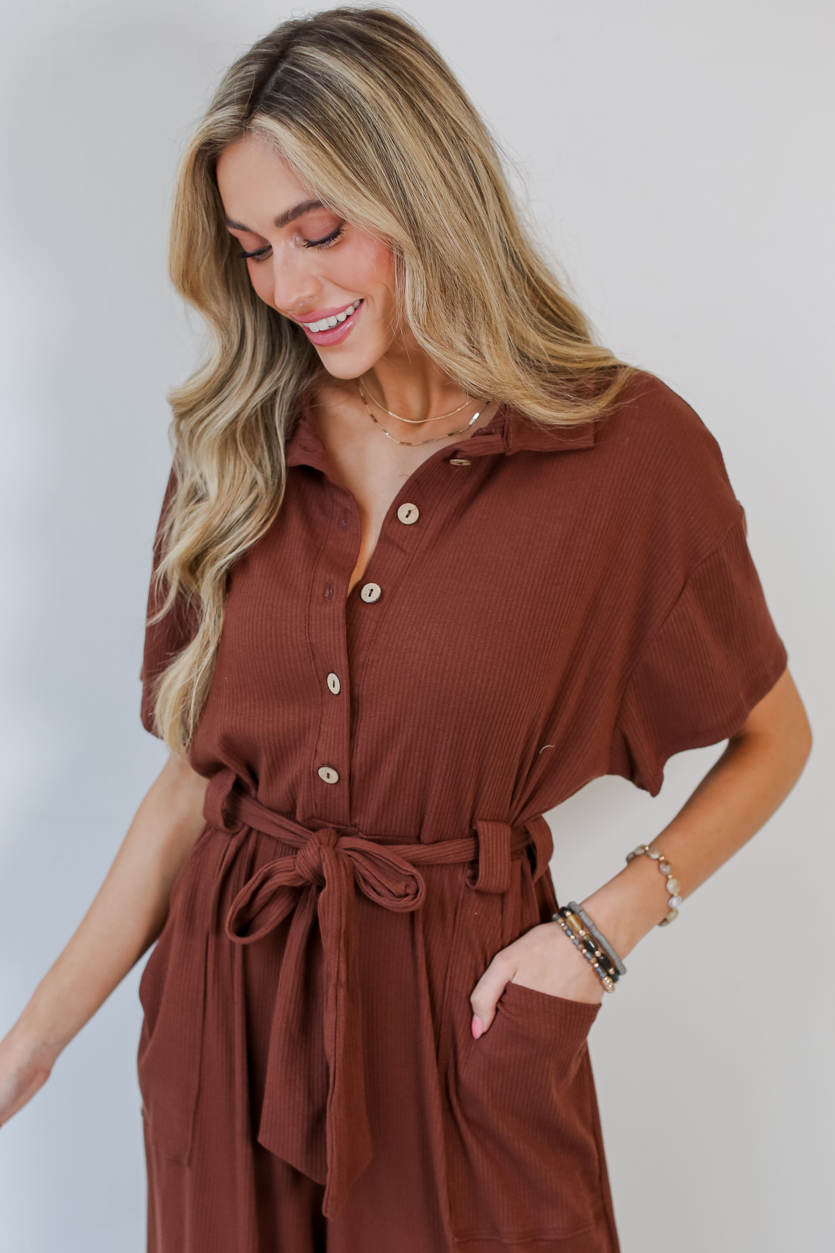 brown Ribbed Knit Jumpsuit close up