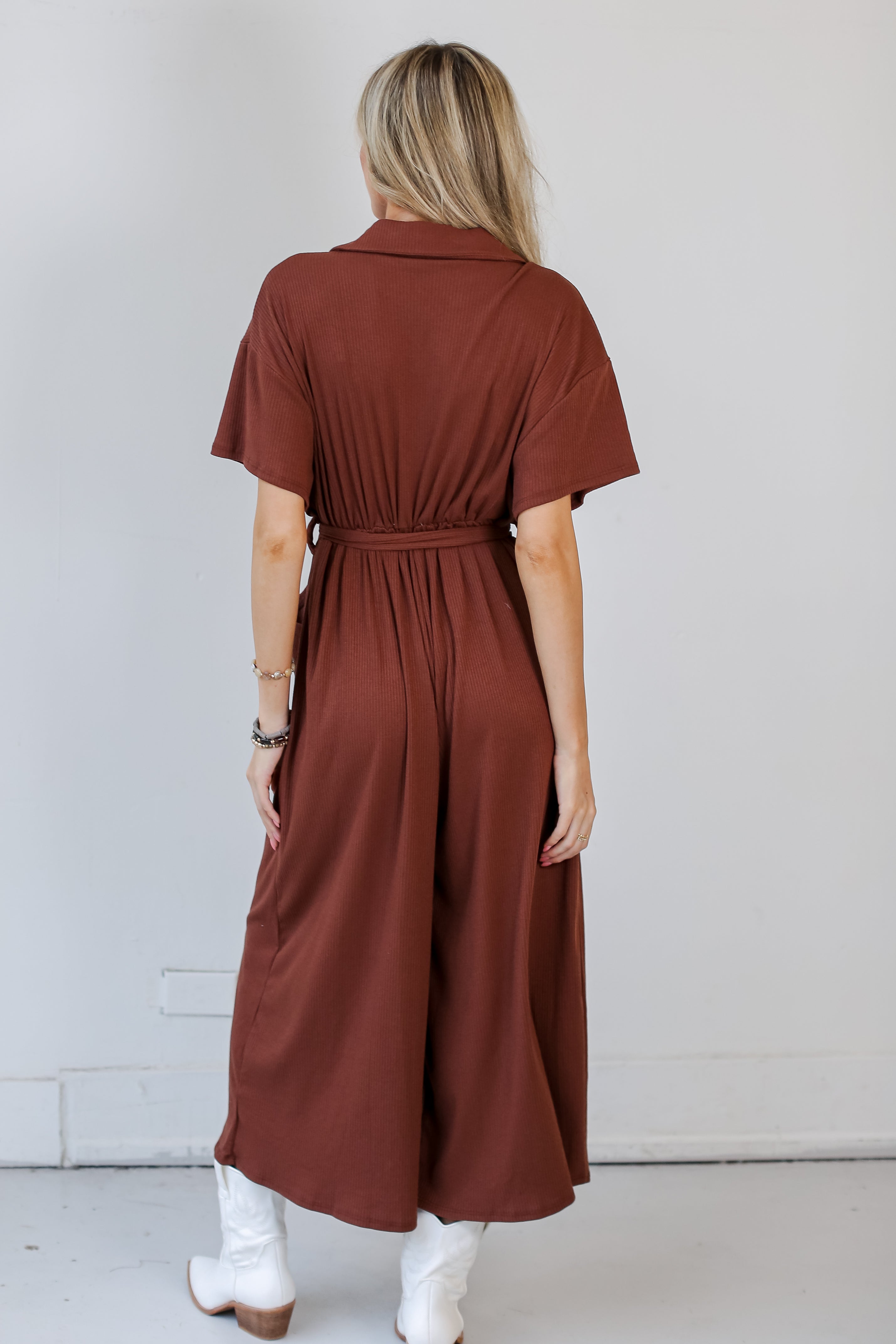 brown Ribbed Knit Jumpsuit back view