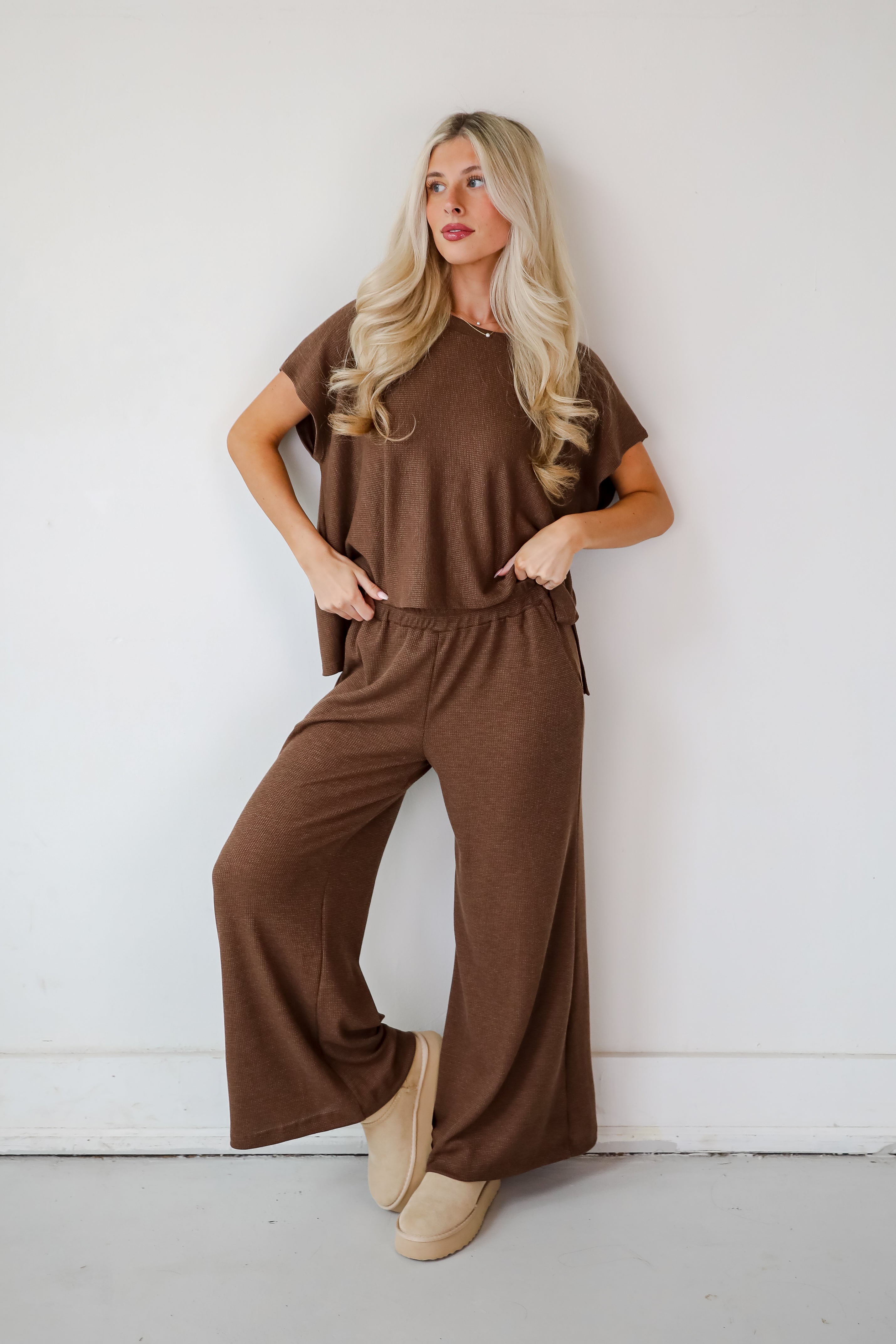 Cuddly Attitude Brown Waffle Knit Pants