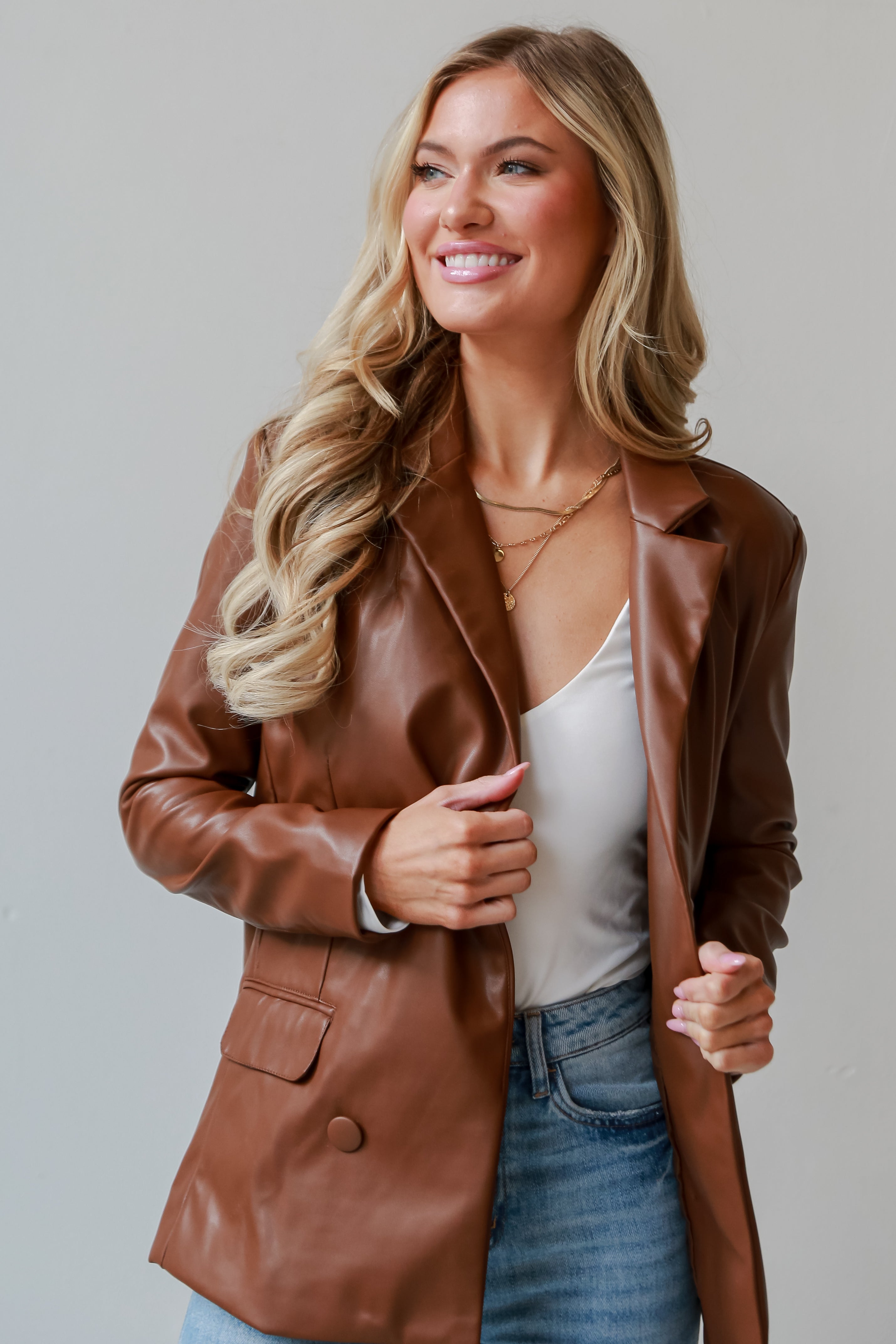 Brown Leather Blazer front view