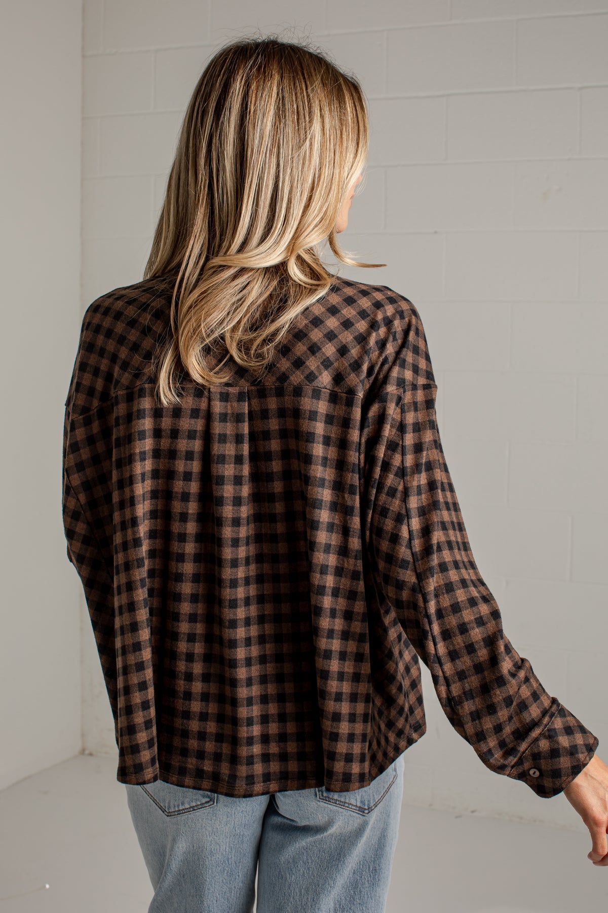 Cabin Social Brown Plaid Button Up Top