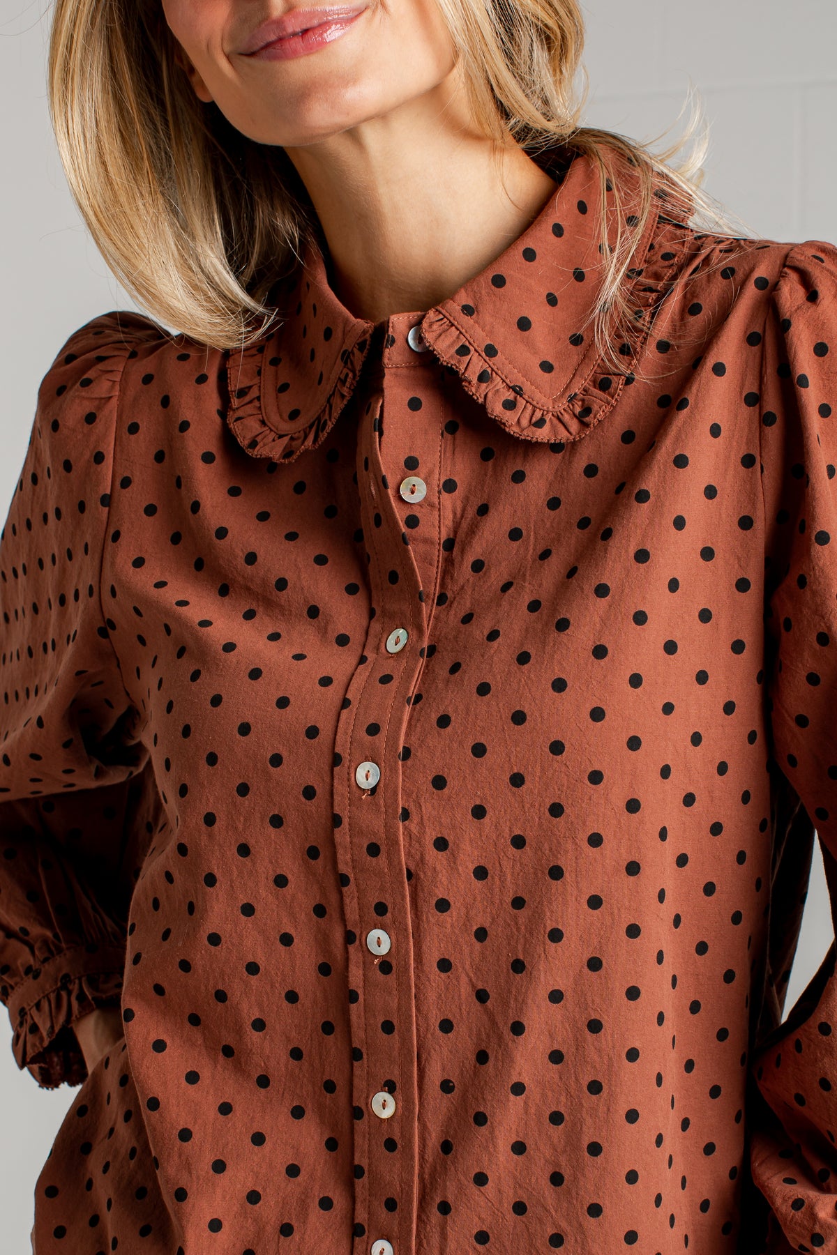 Sweet Details Polka Dot Brown Button Up Blouse