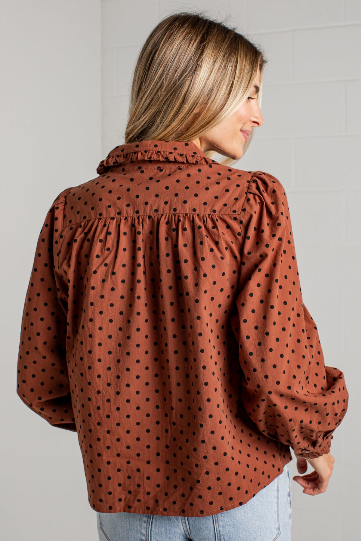 Sweet Details Polka Dot Brown Button Up Blouse