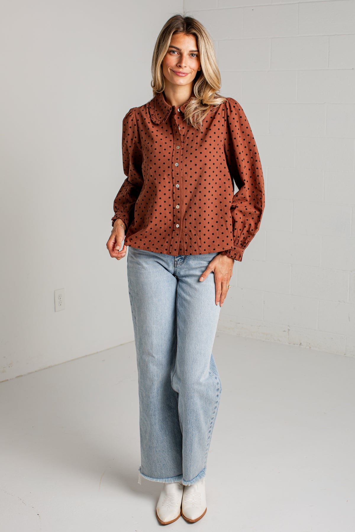 Sweet Details Polka Dot Brown Button Up Blouse
