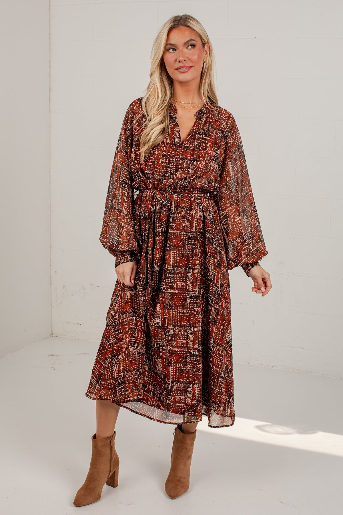 Flourish With Grace Brown Printed Midi Dress